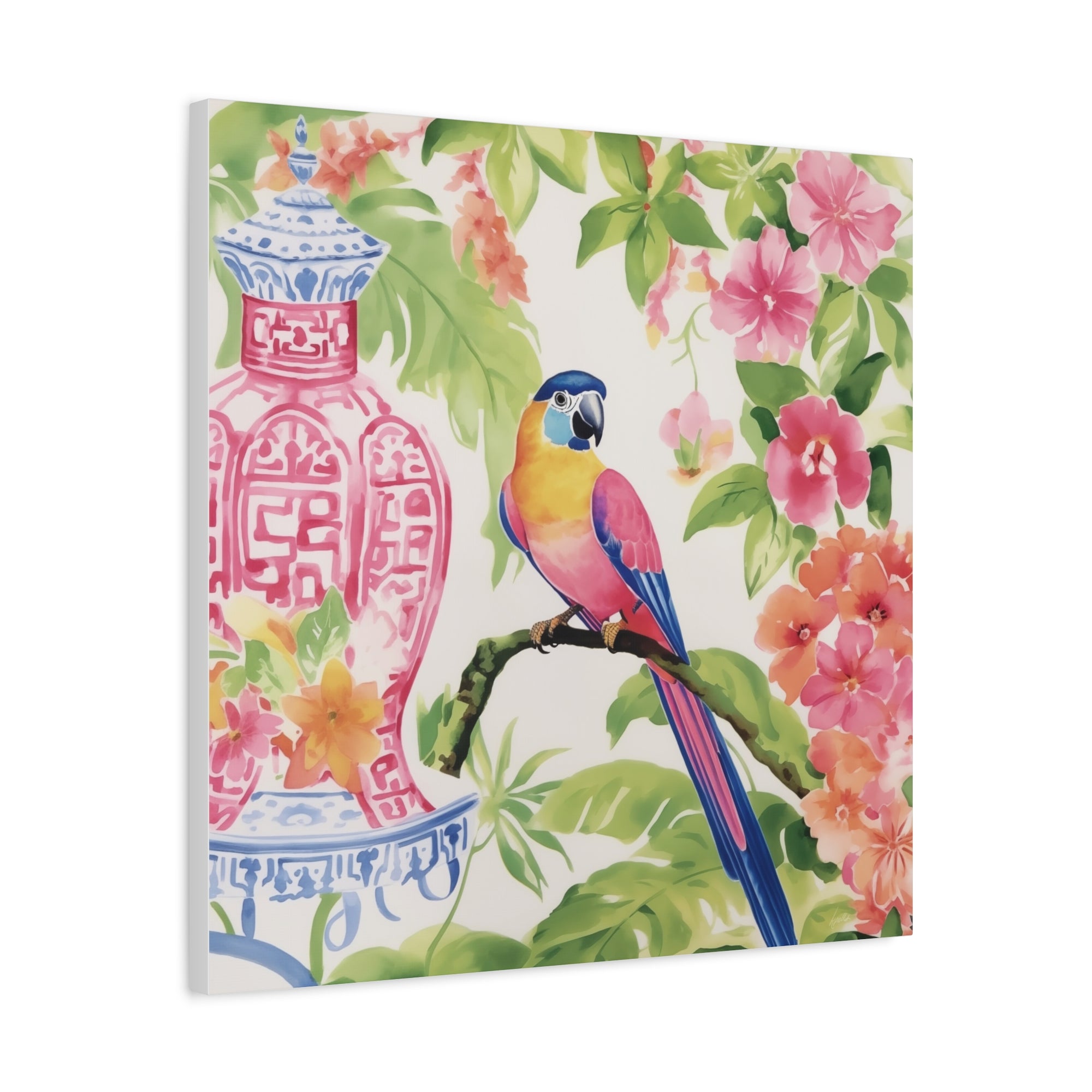 Parrot, Hibiscus and Chinoiserie - Available in 4 Sizes - Matte Canvas