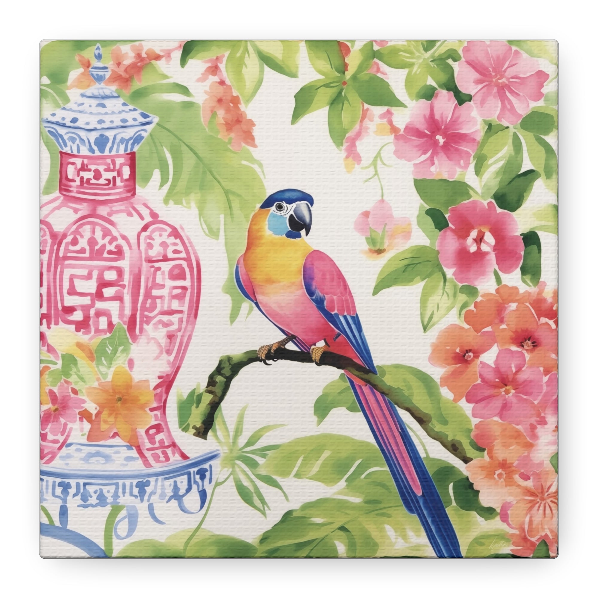 Parrot, Hibiscus and Chinoiserie - Available in 4 Sizes - Matte Canvas