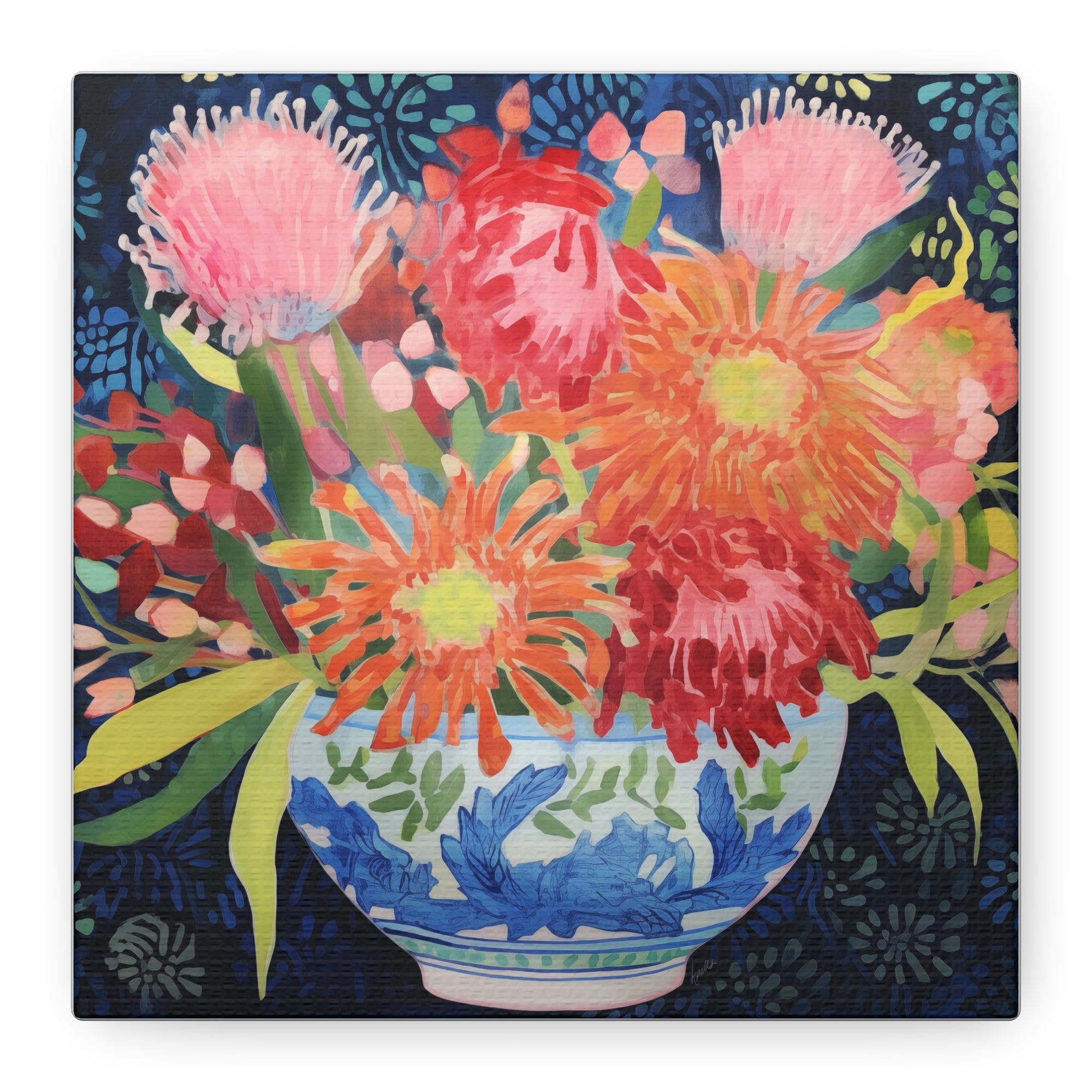 Protea, Mum, Aster in Blue and White Chinoiserie Bow - Available in 4 Sizes - Matte Canvas