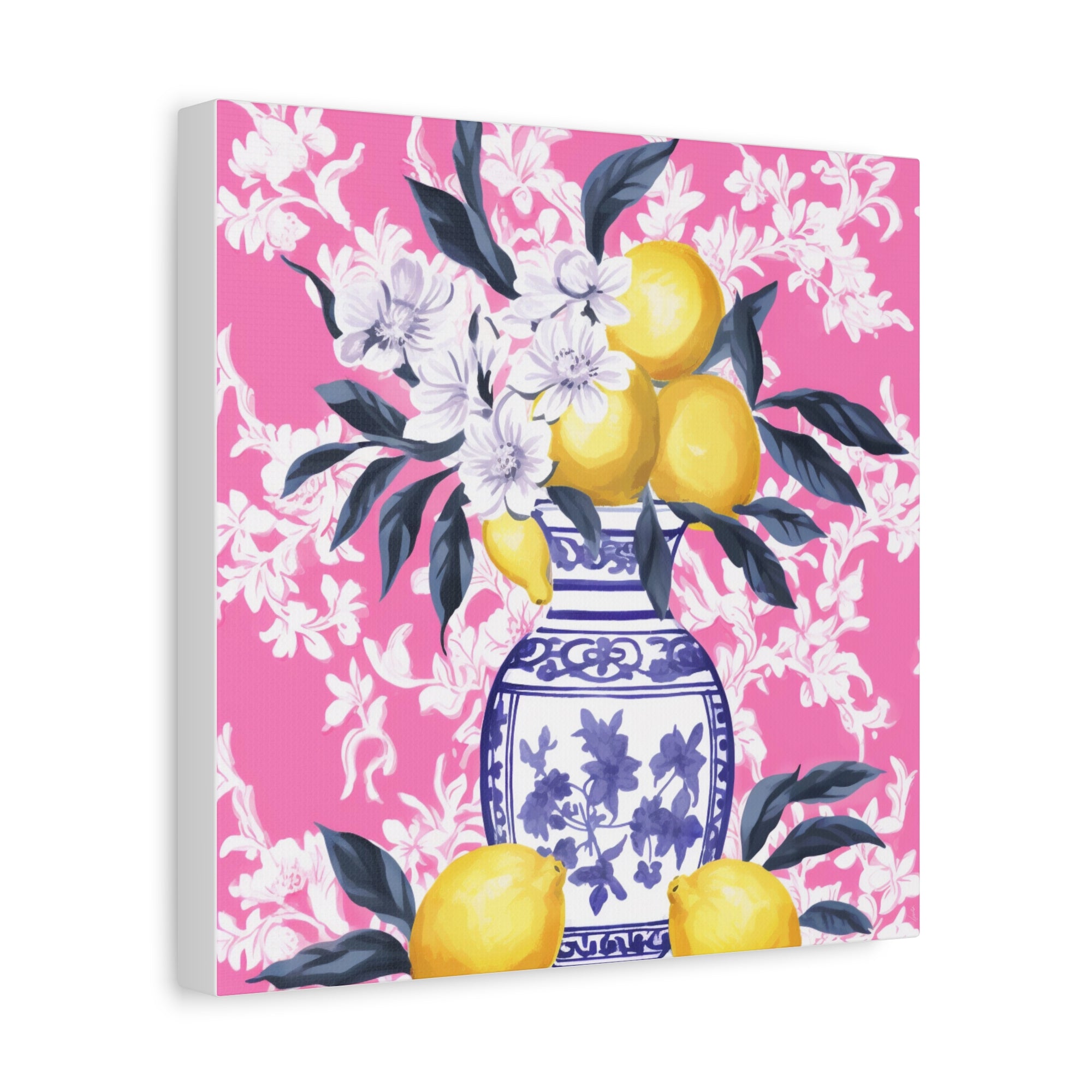 Lemons in Chinoiserie with Pink Chintz Wallpaper  -  Available in 4 Sizes - Matte Canvas