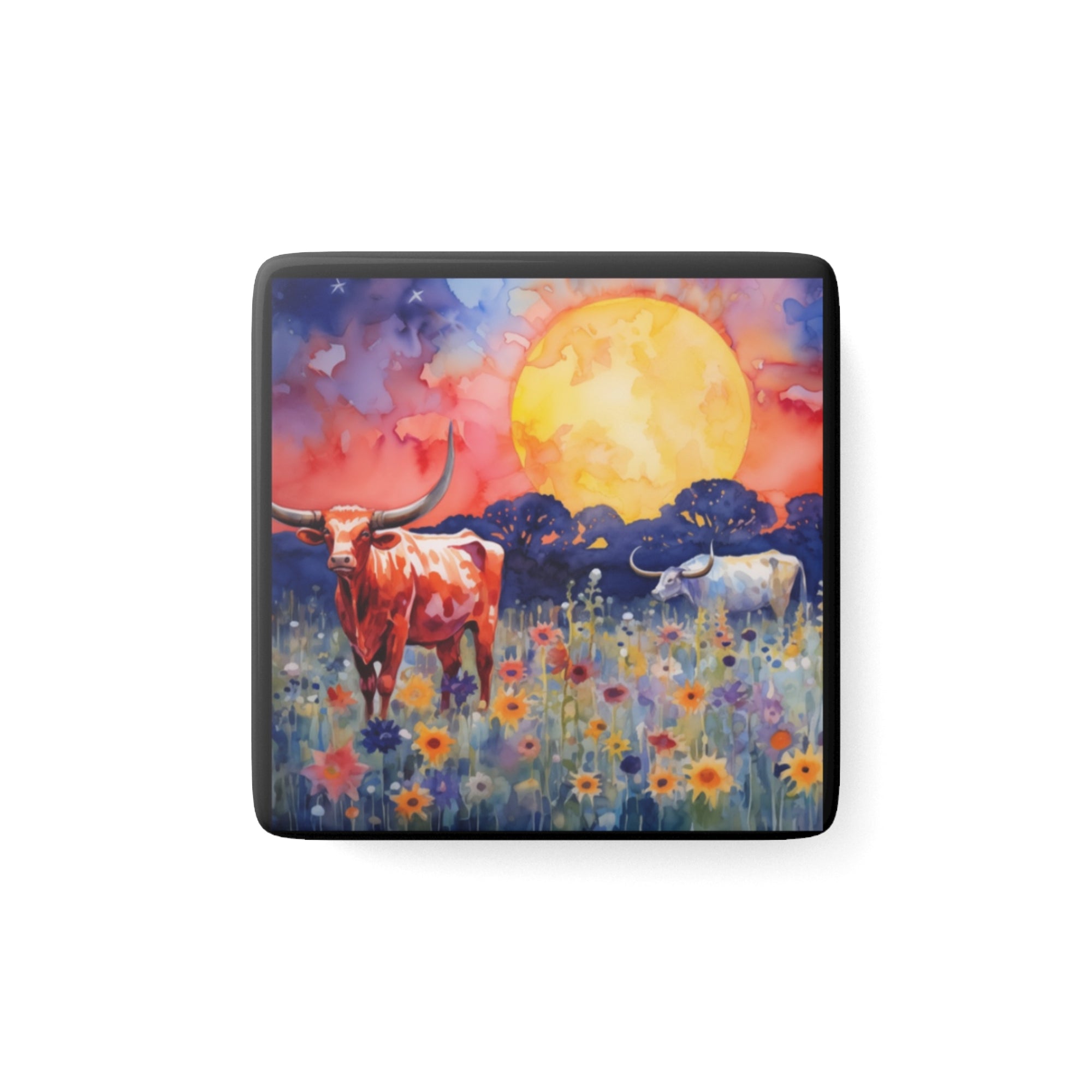 Longhorns, personalization option - Porcelain Magnet, Square, Longhorn, Texas, Prairie, dad, Father’s Day, wildflowers, beautiful, glowing sun, ranch, farm