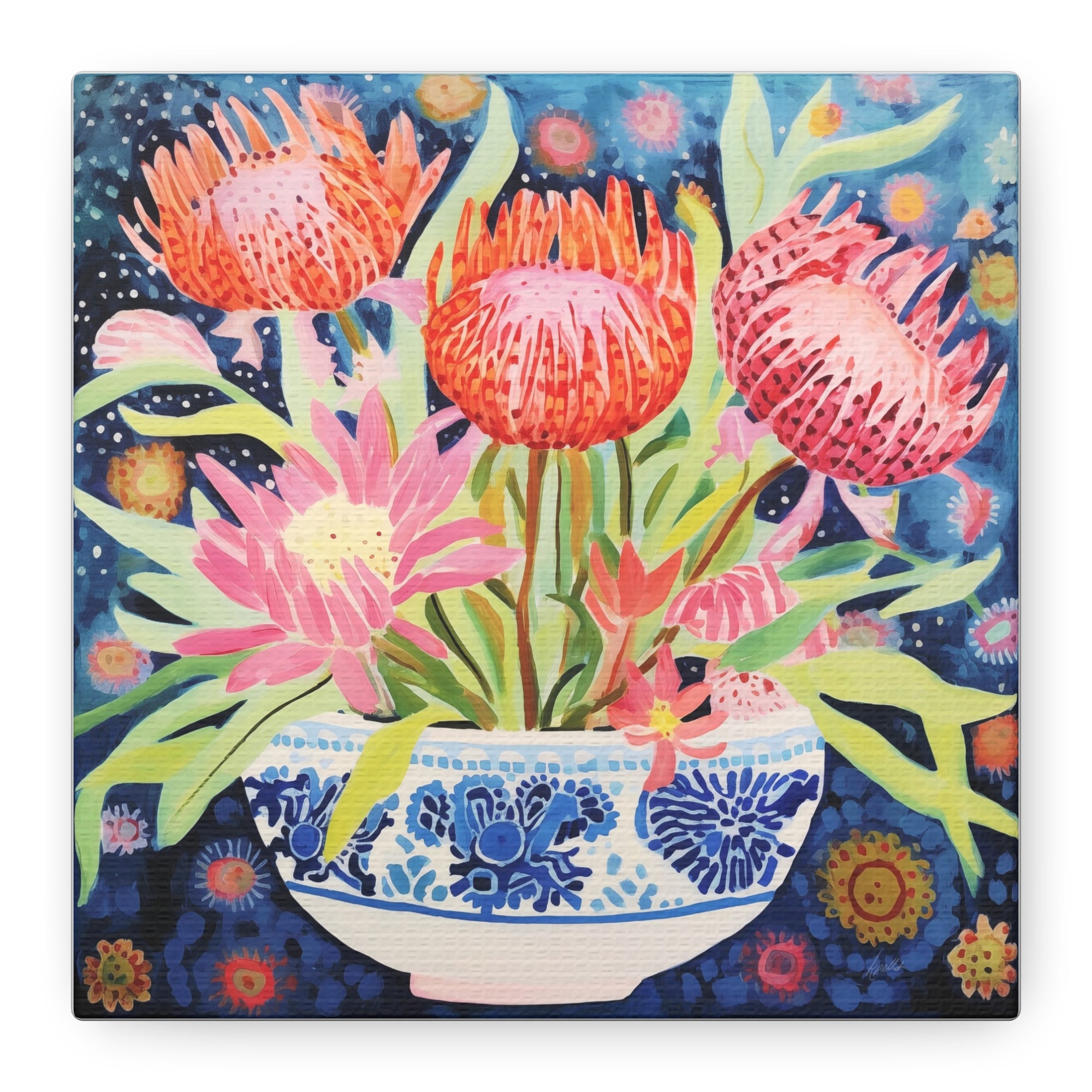 Starlit Proteas in Chinoiserie Bowl  - Available in 4 Sizes - Matte Canvas