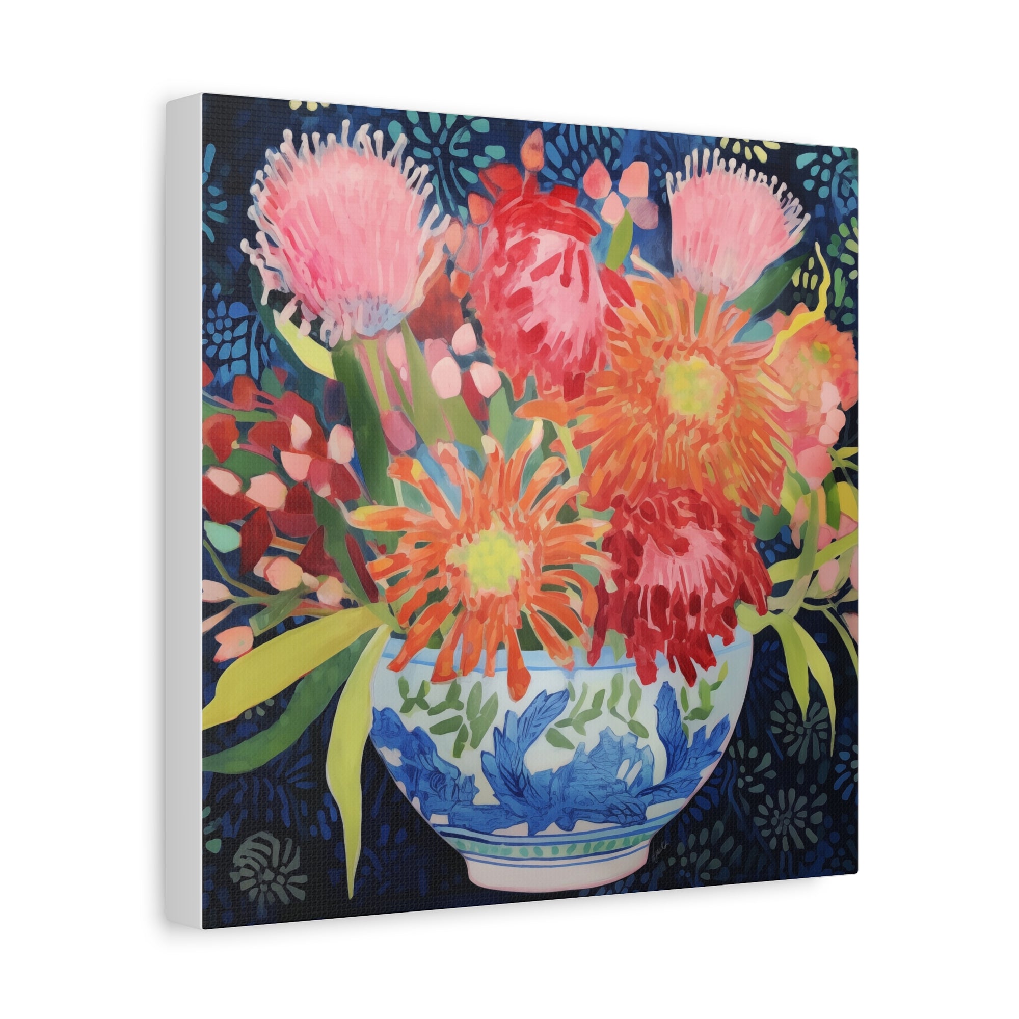 Protea, Mum, Aster in Blue and White Chinoiserie Bow - Available in 4 Sizes - Matte Canvas