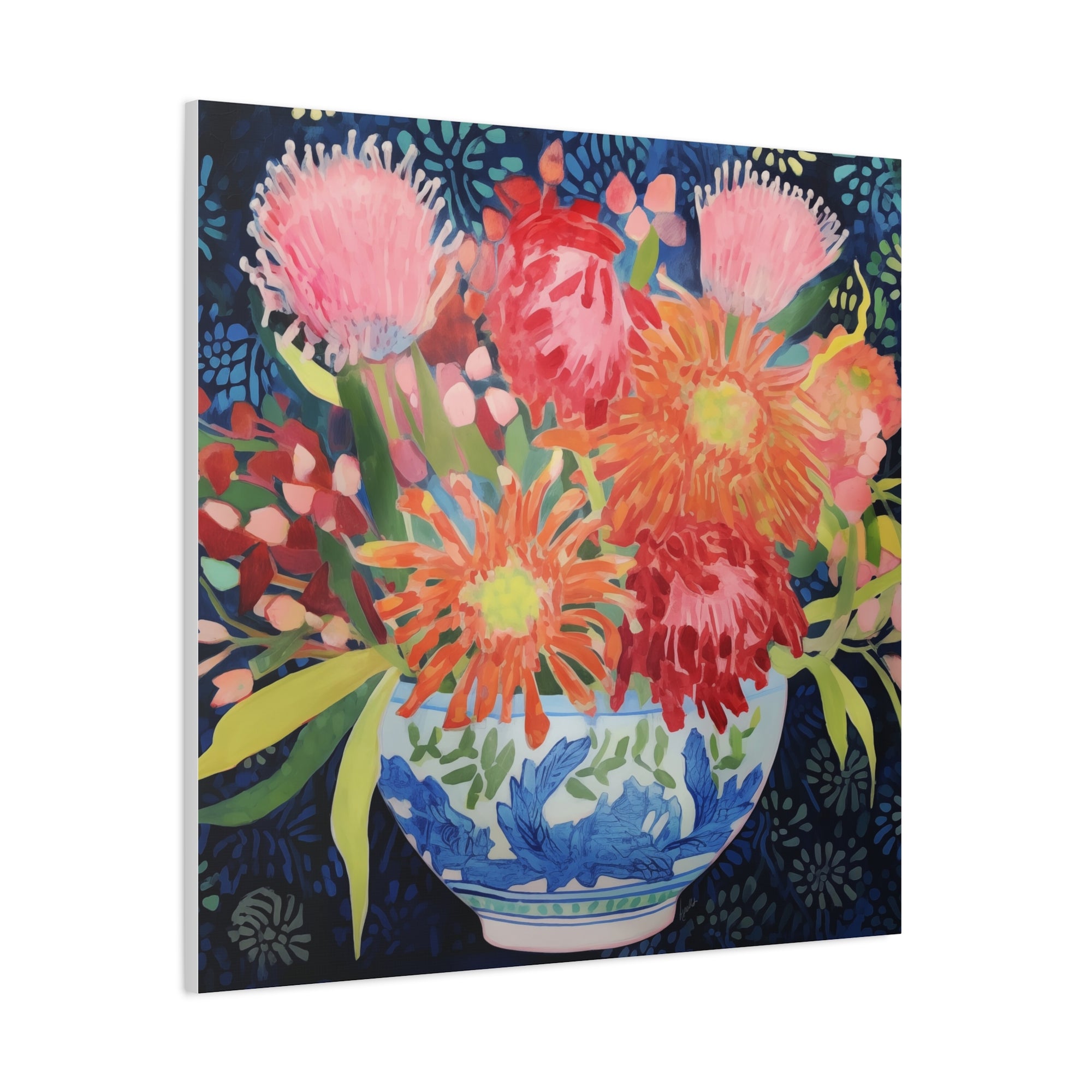 Protea, Mum, Aster in Blue and White Chinoiserie Bow - Available in 4 Sizes - Matte Canvas