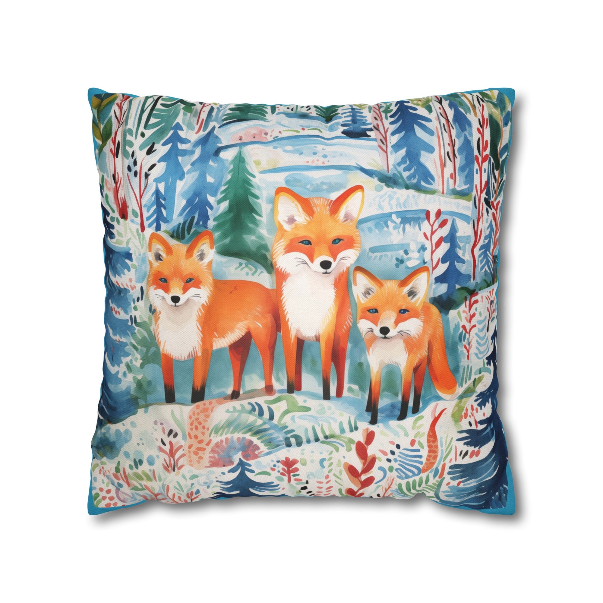 Spun Polyester Square Pillowcase -Mystical Fox Trio Enchanted Gazes