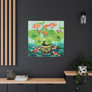 Koi With Lotus Pot - Available in 4 Sizes - Matte Canvas