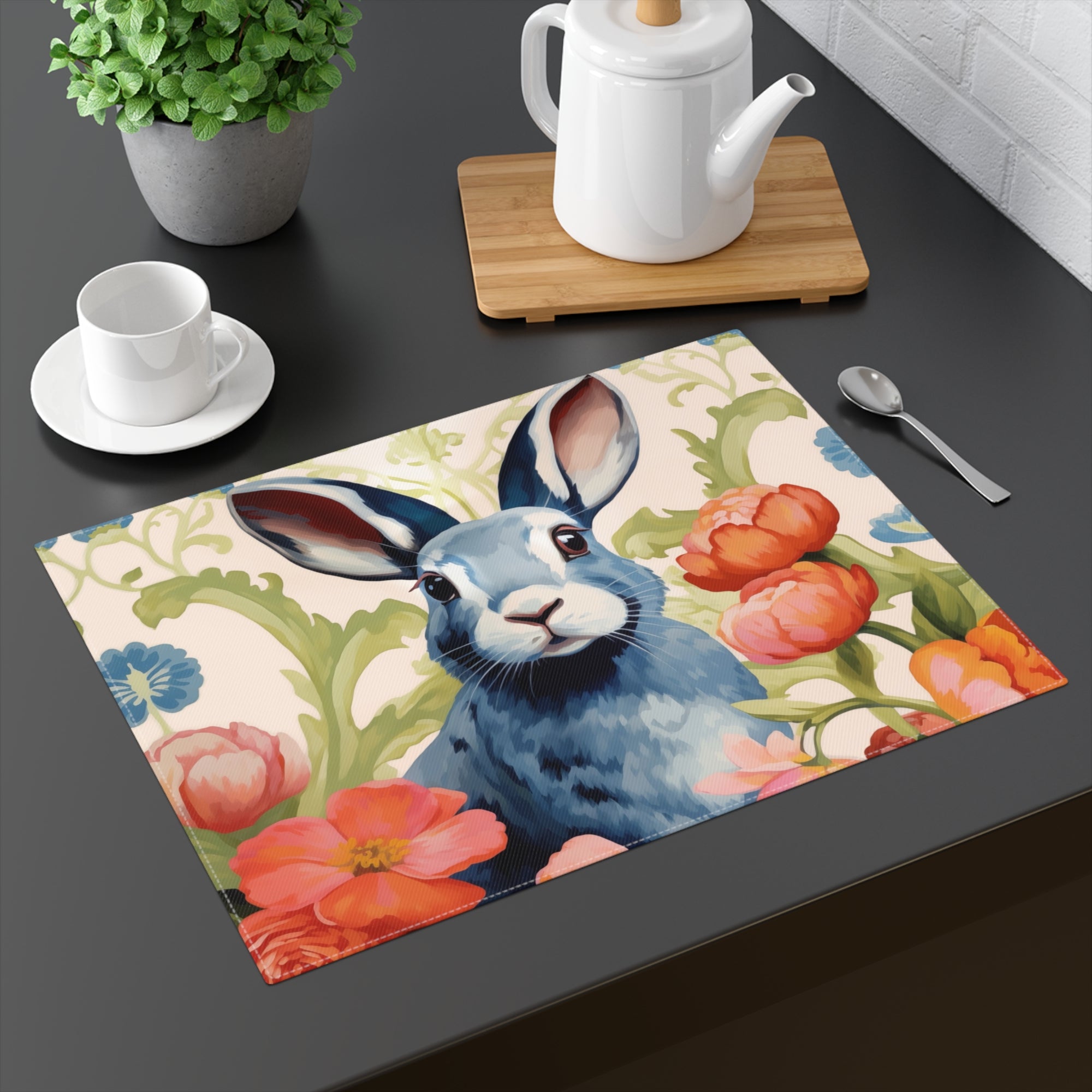 Placemat, 1pc - Blue Easter Bunny in Peonies