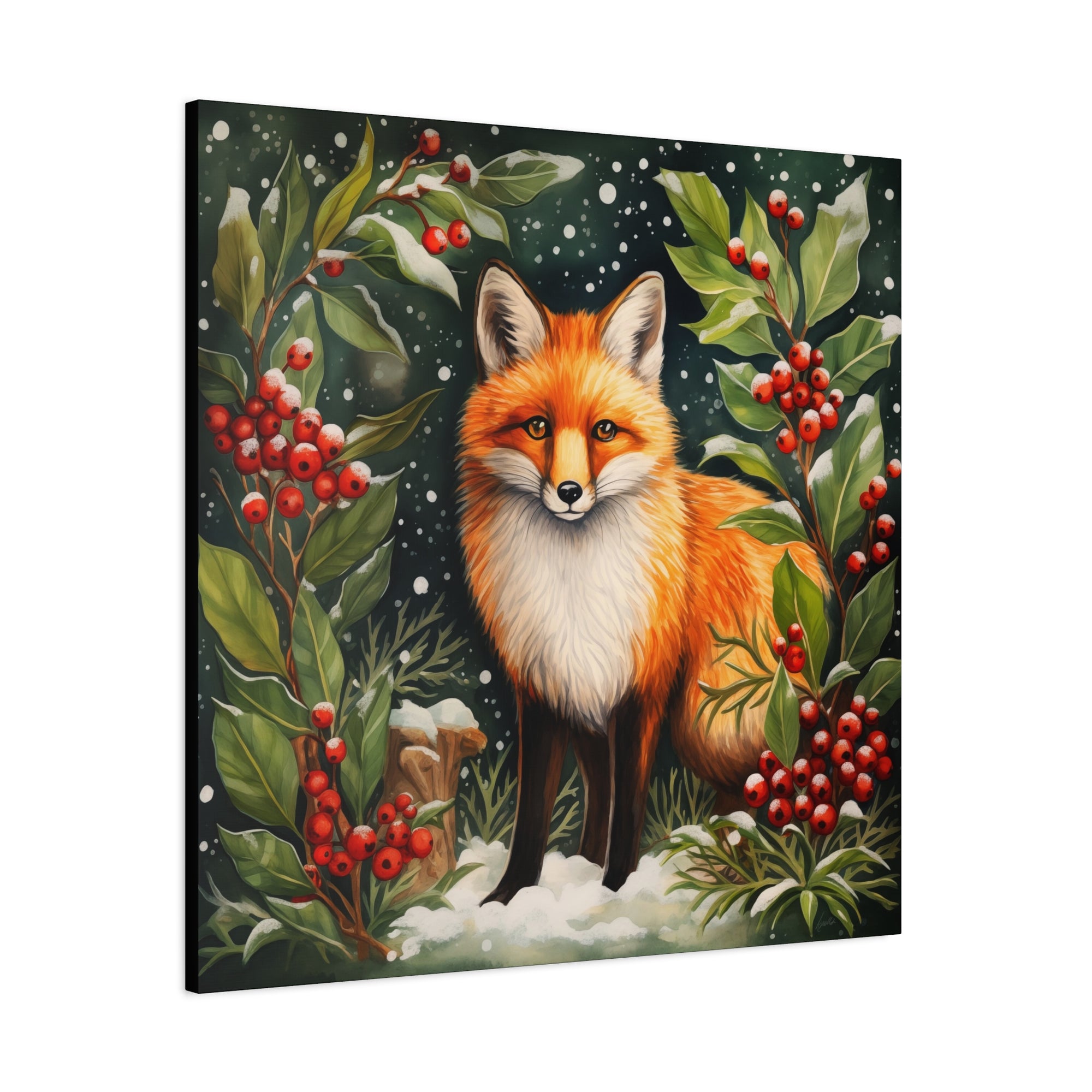 Snowy Hollies With Fox - Available in 4 Sizes - Matte Canvas