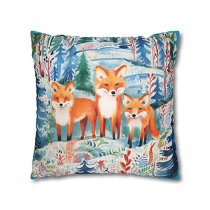 Spun Polyester Square Pillowcase -Mystical Fox Trio Enchanted Gazes