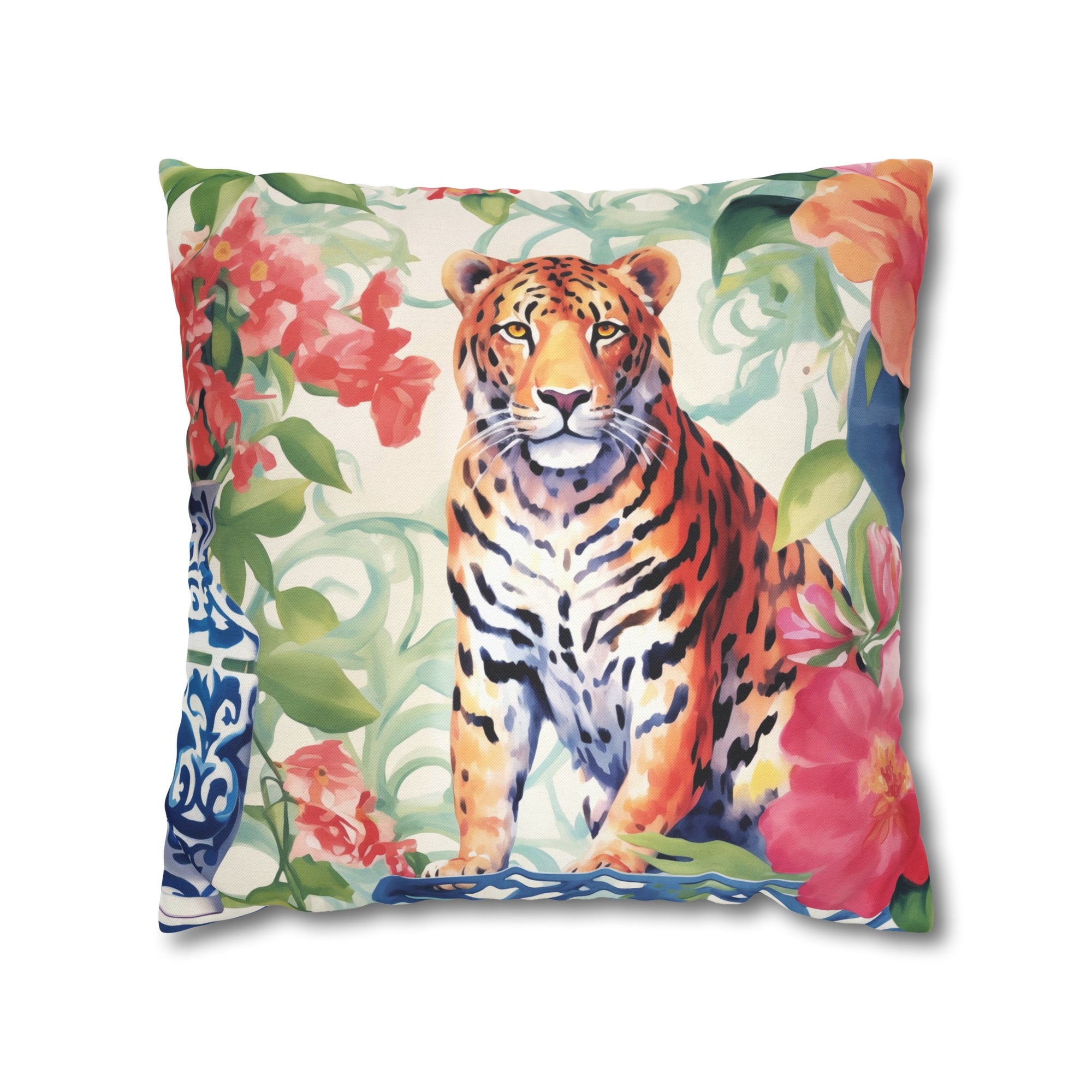 Spun Polyester Square Pillowcase -Tiger’s Garden