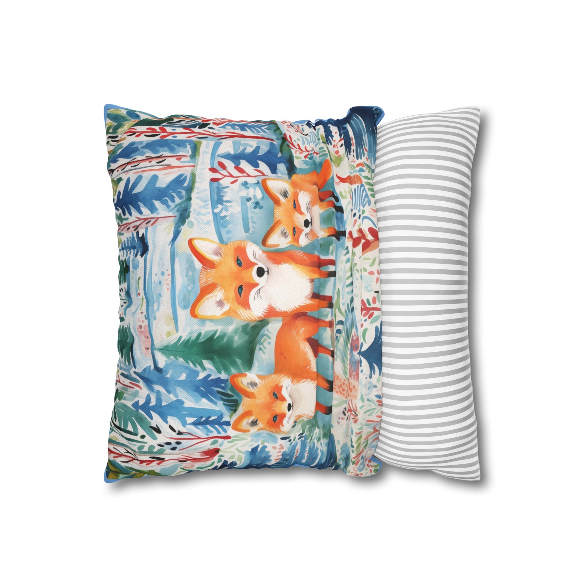 Spun Polyester Square Pillowcase - Foxes Snowy Sojourn