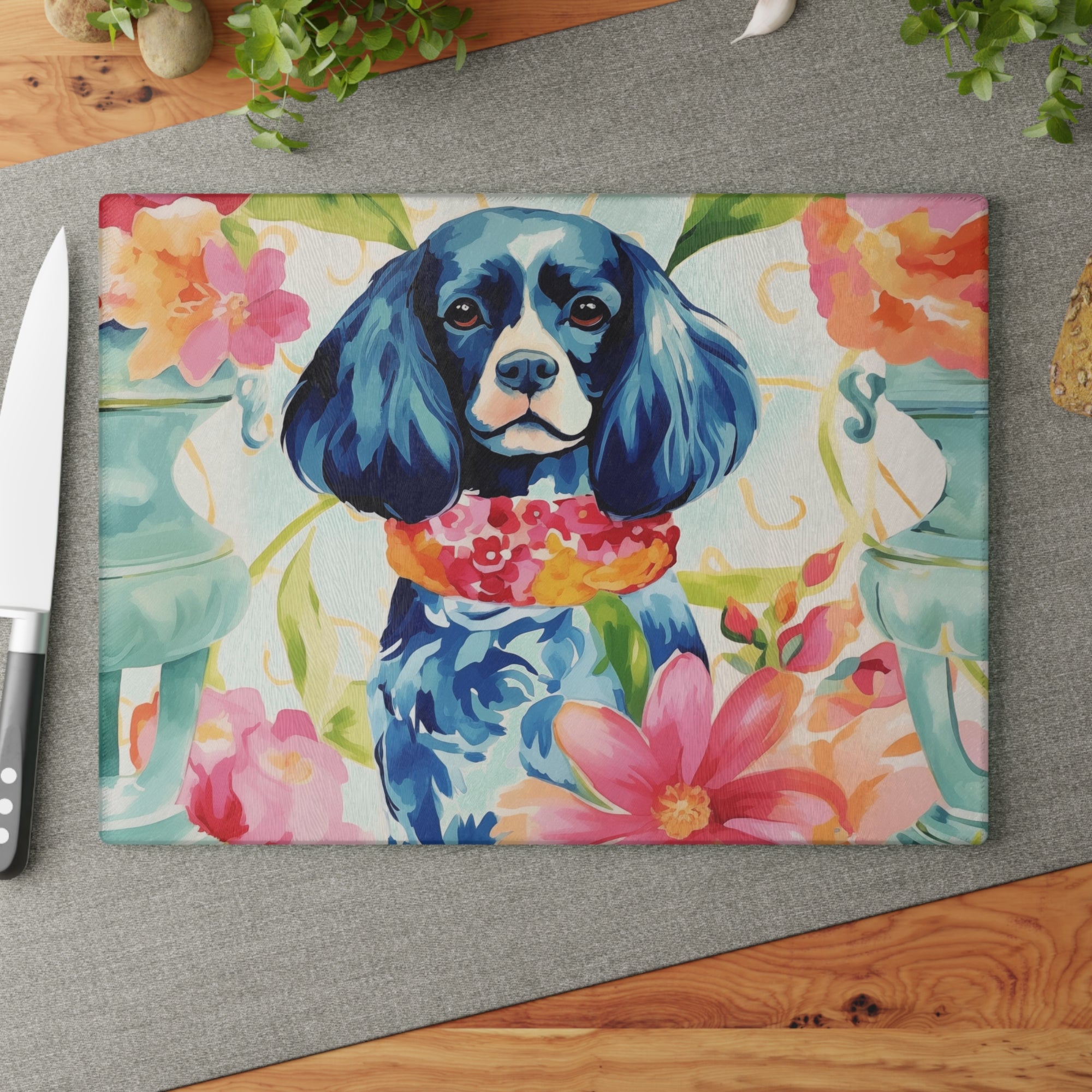 Cutting Board - Royal King Charles Spaniel with Peonies - Personalization Optional