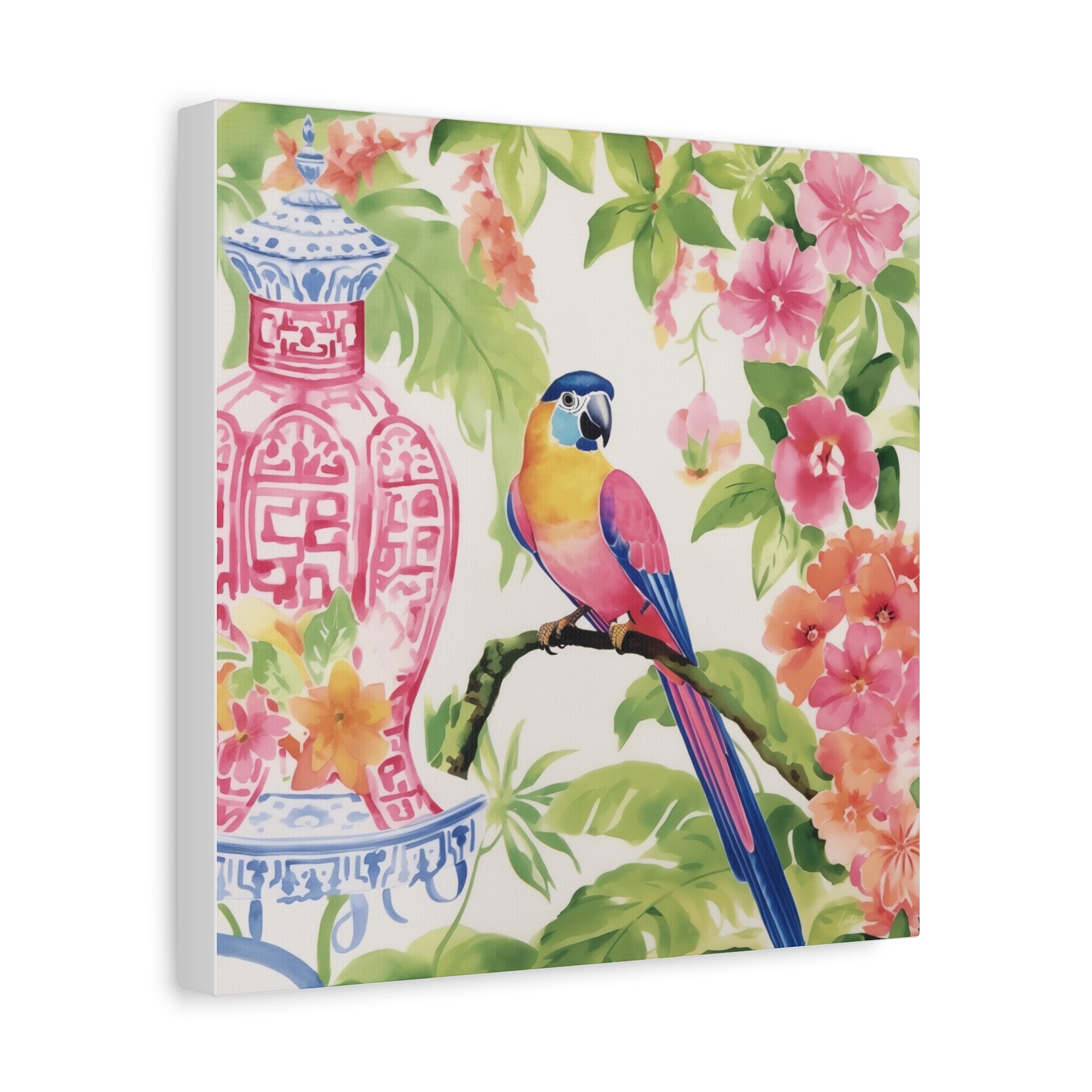 Parrot, Hibiscus and Chinoiserie - Available in 4 Sizes - Matte Canvas