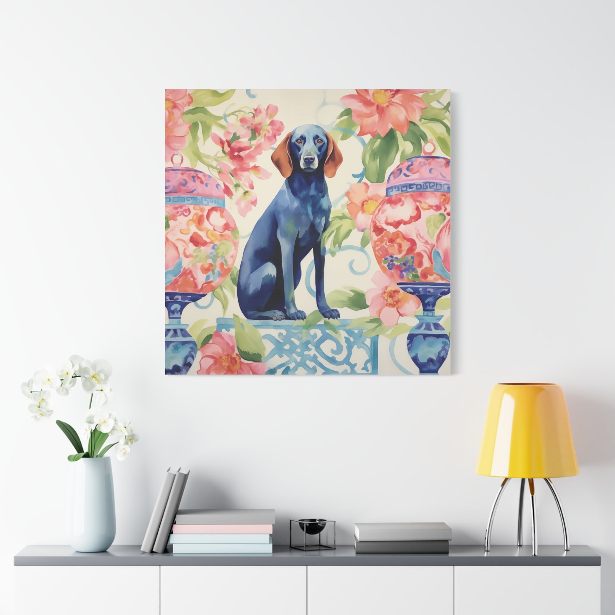 Blue-Noiserie -Blue Dog in Chinoiserie Room - Available in 4 sizes - Matte Canvas