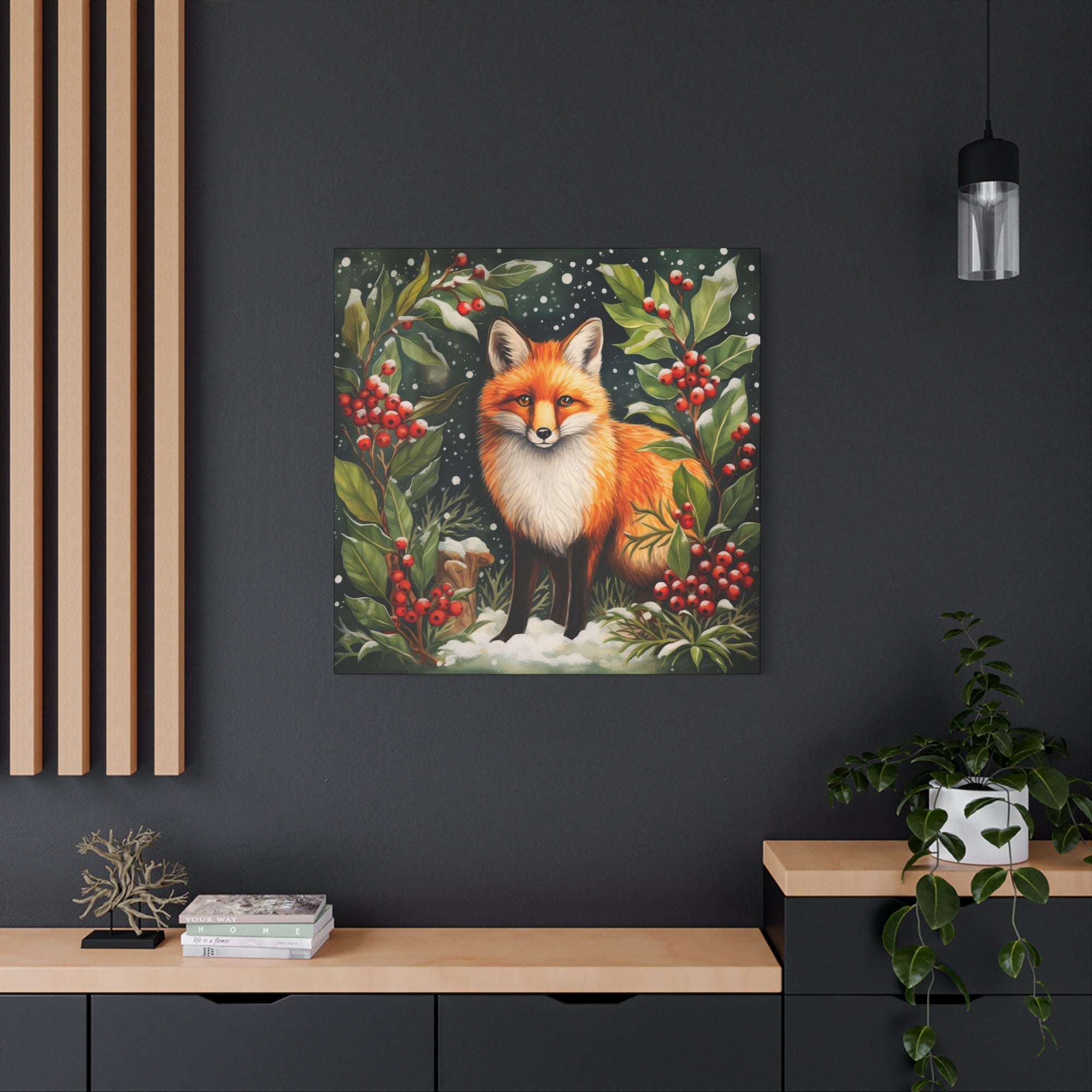 Snowy Hollies With Fox - Available in 4 Sizes - Matte Canvas