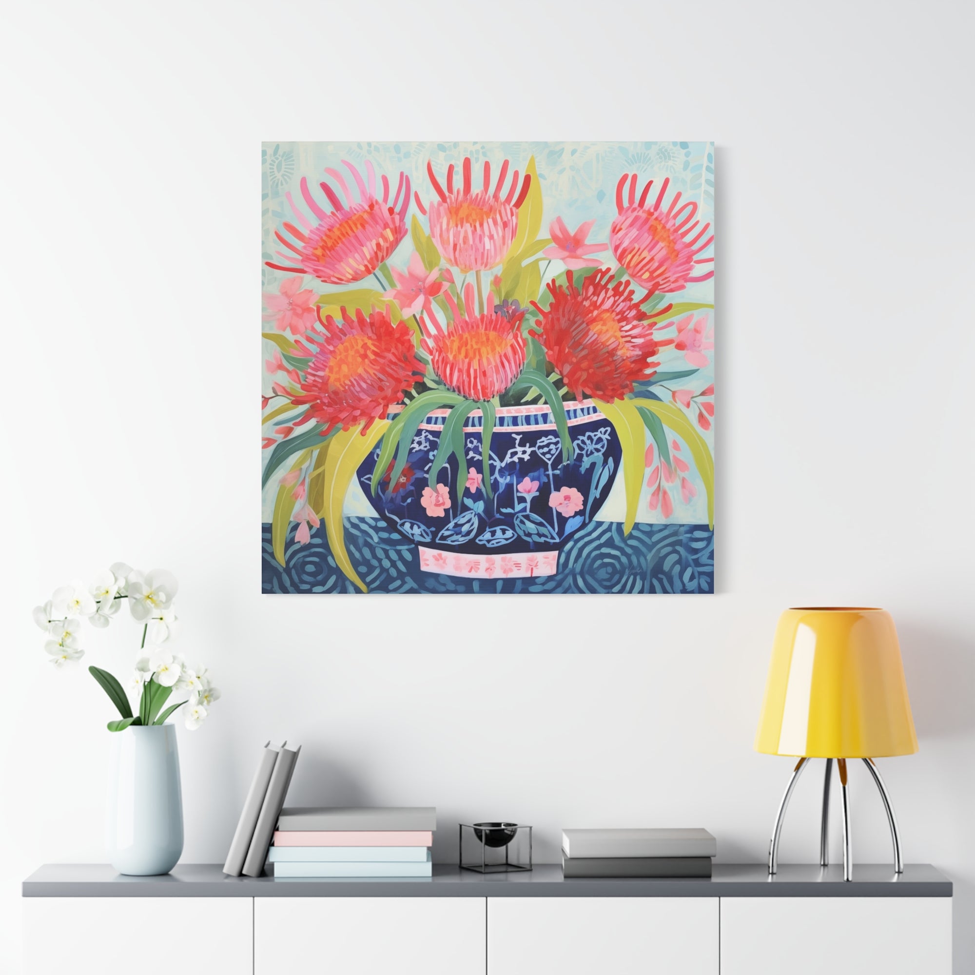 Happy Spider Protea in Chinoiserie Bowl - Available in 4 Sizes - Matte Canvas