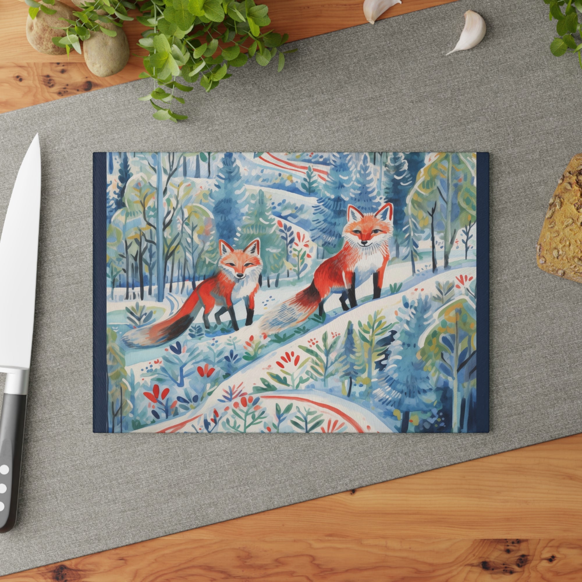 Cutting Board - Foxes Snowy Sojourn  - Personalization Optional