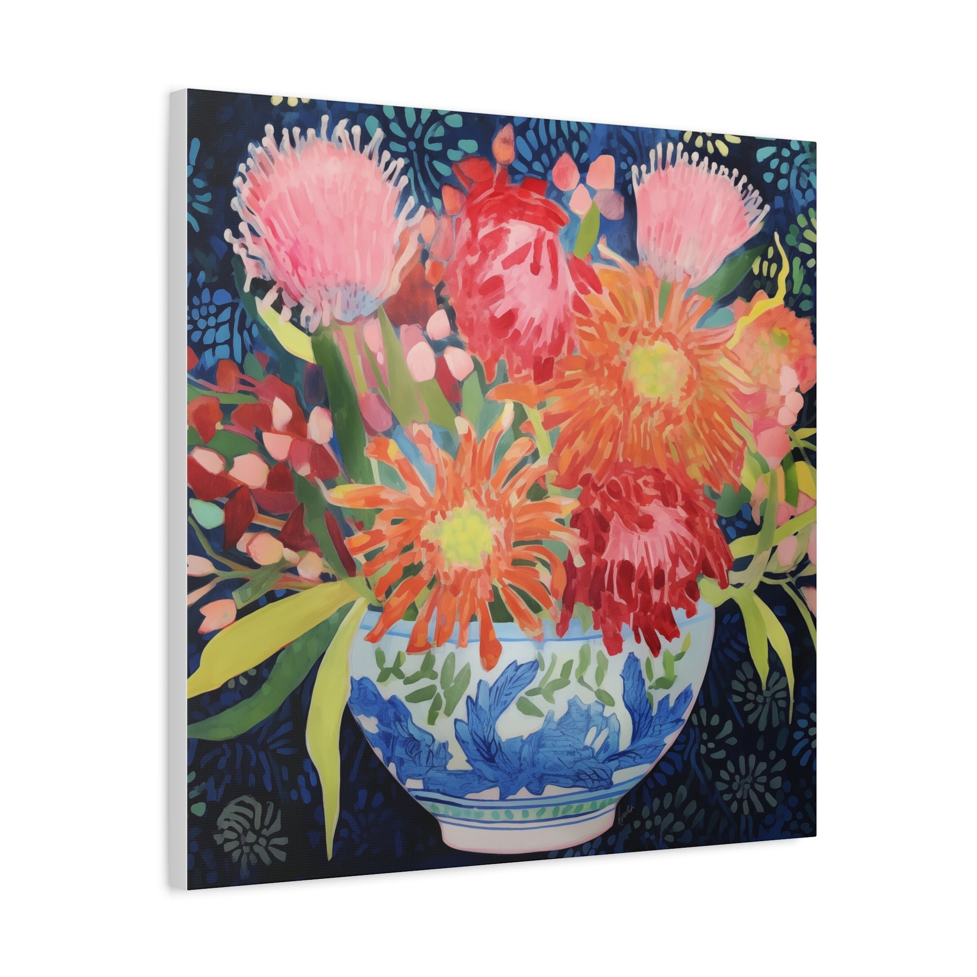 Protea, Mum, Aster in Blue and White Chinoiserie Bow - Available in 4 Sizes - Matte Canvas