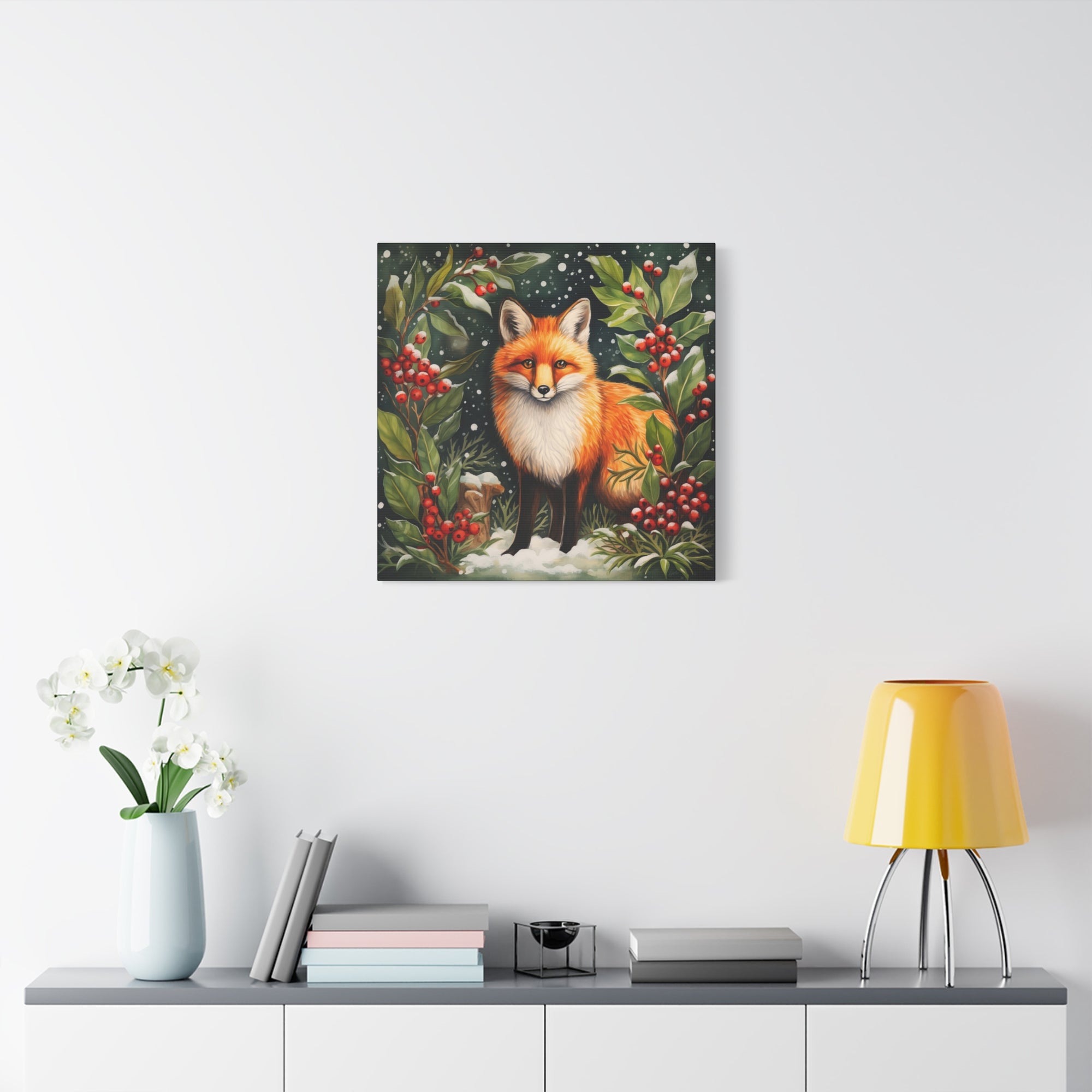 Snowy Hollies With Fox - Available in 4 Sizes - Matte Canvas