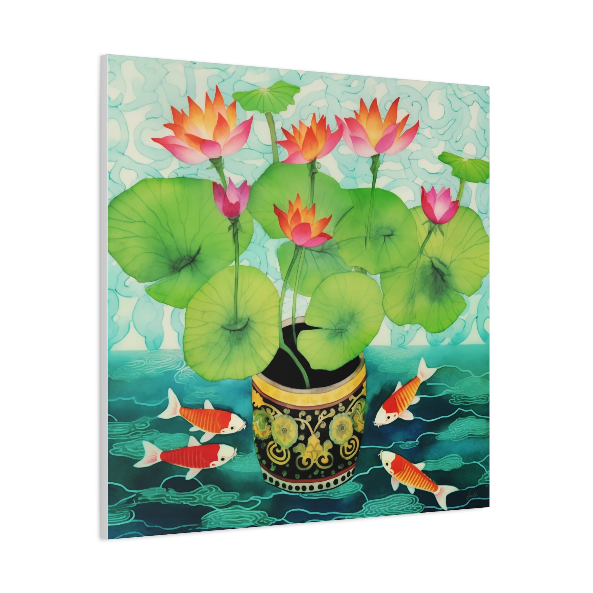 Koi With Lotus Pot - Available in 4 Sizes - Matte Canvas