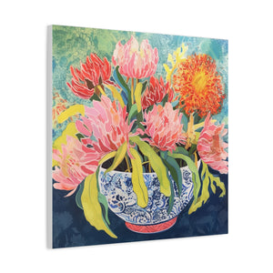 Pink Protea with Orange Spider Mums in Chinoiserie - Available in 4 Sizes - Matte Canvas