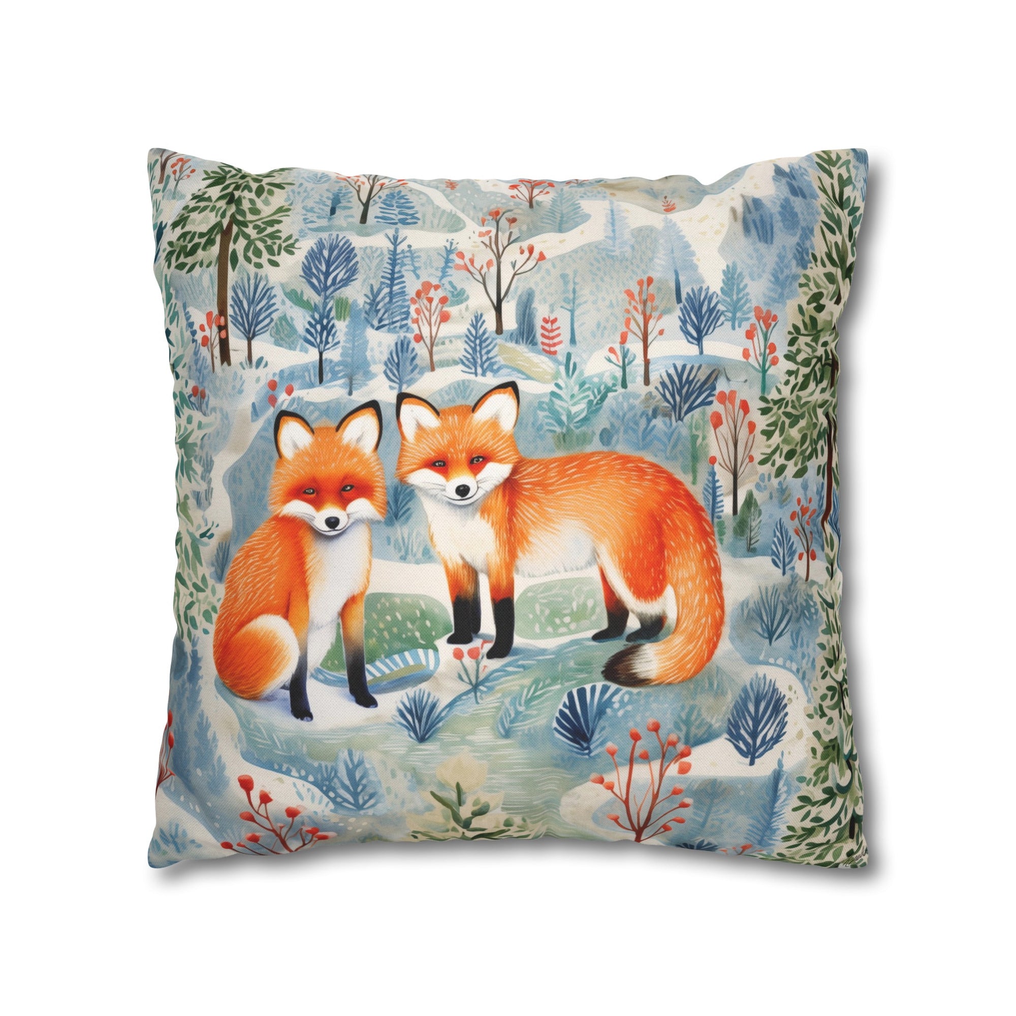 Spun Polyester Square Pillowcase - Fox Friends Trail