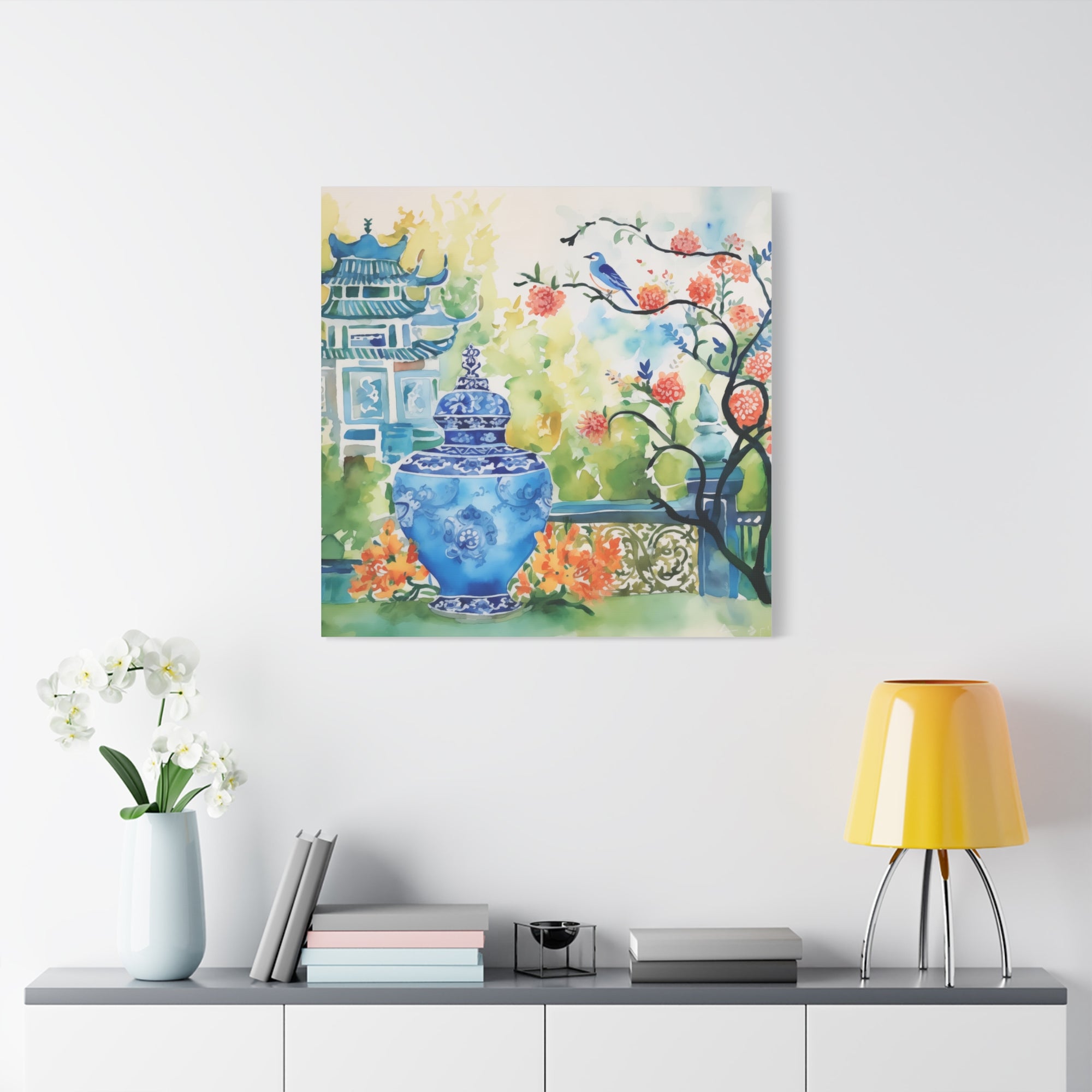 Pagoda with Blue Bird, Blossoms and Chinoiserie  - Available in 4 sizes - Matte Canvas