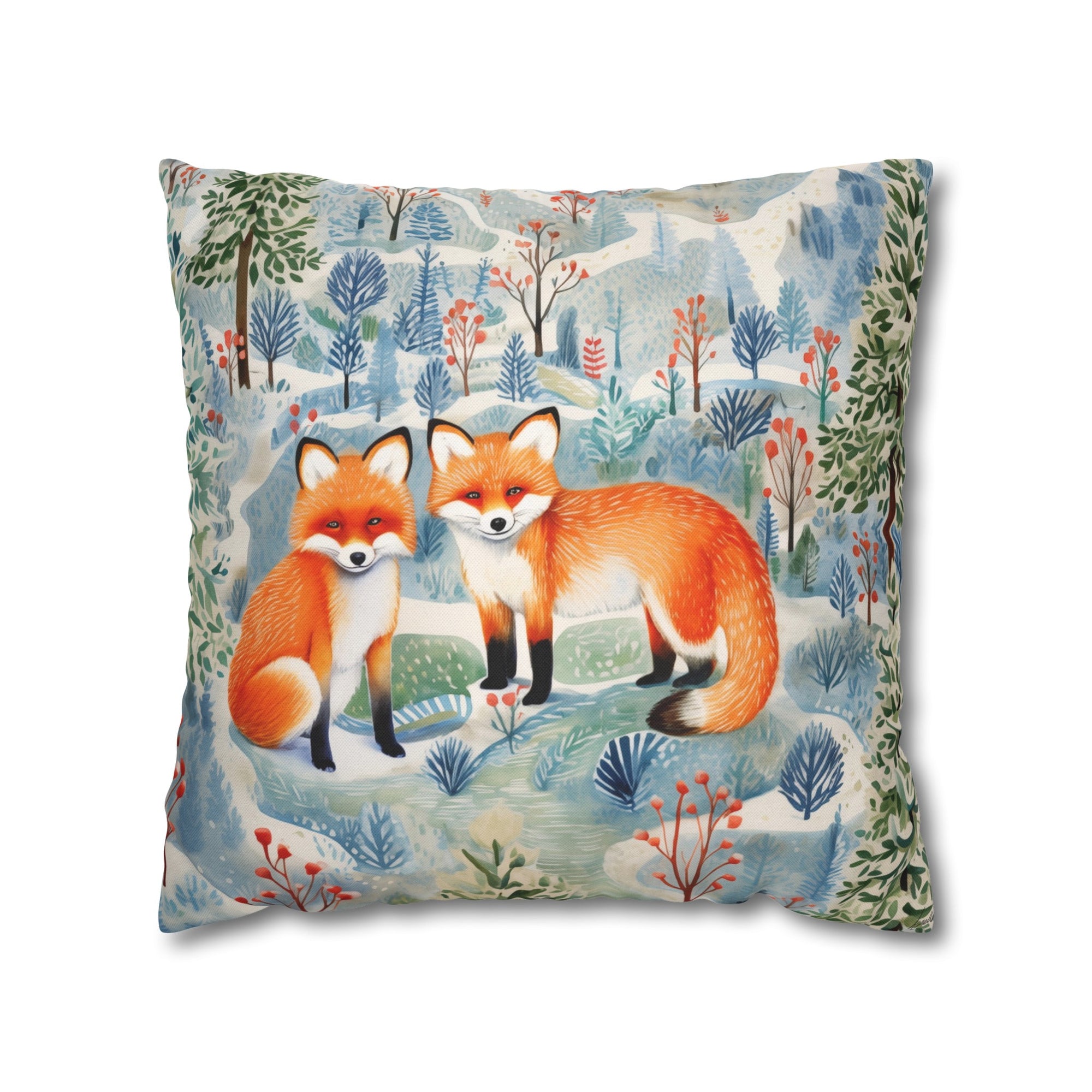 Spun Polyester Square Pillowcase - Fox Friends Trail