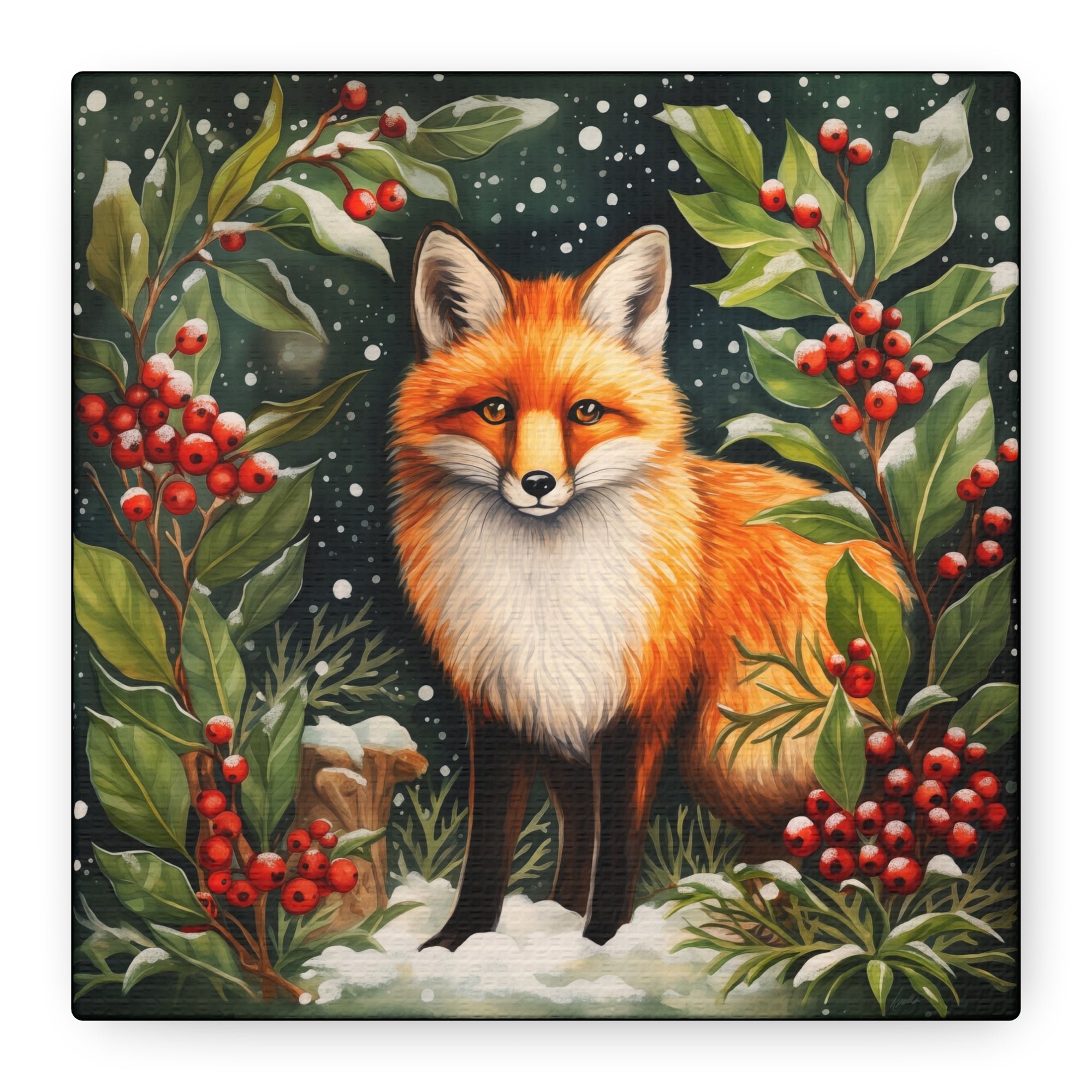 Snowy Hollies With Fox - Available in 4 Sizes - Matte Canvas