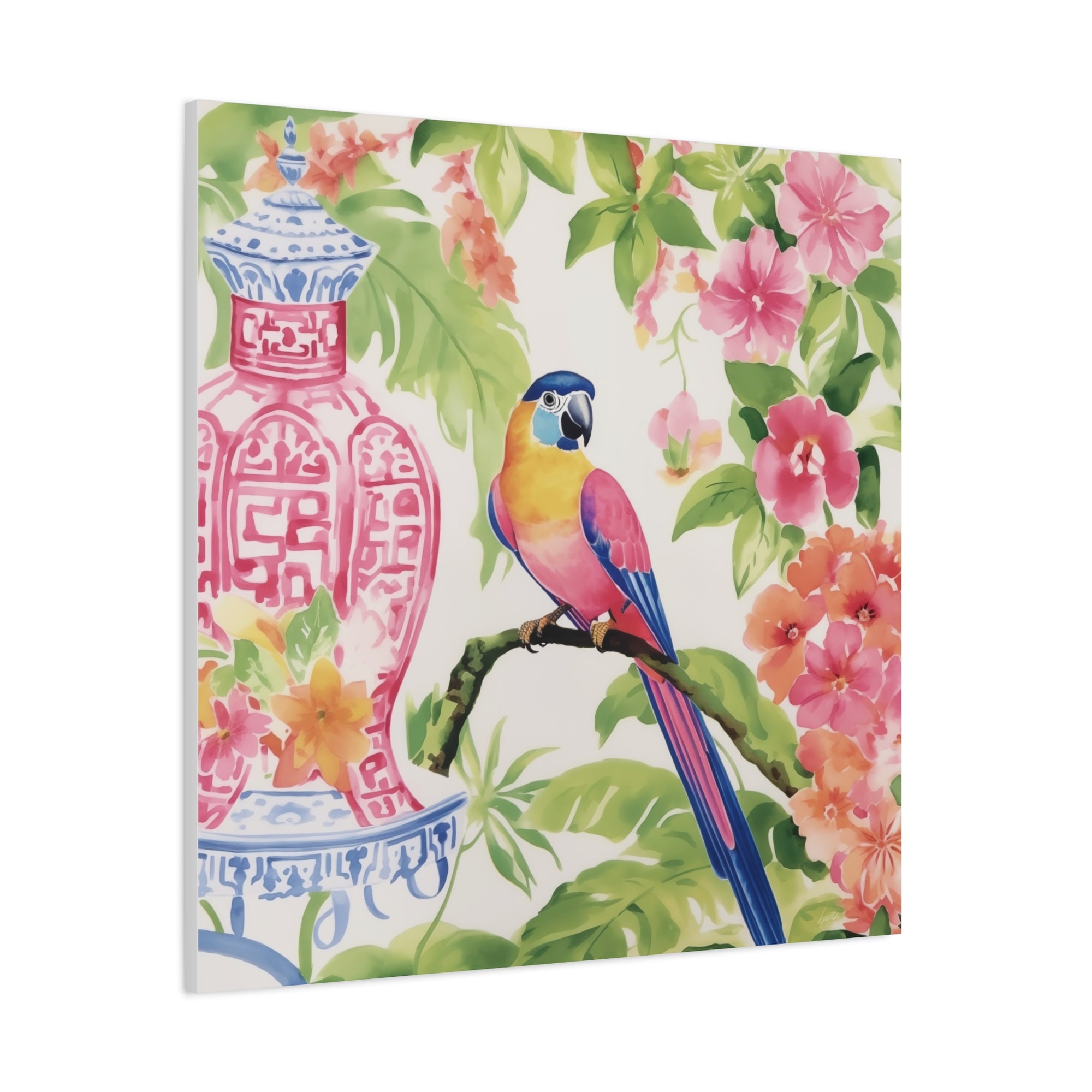 Parrot, Hibiscus and Chinoiserie - Available in 4 Sizes - Matte Canvas