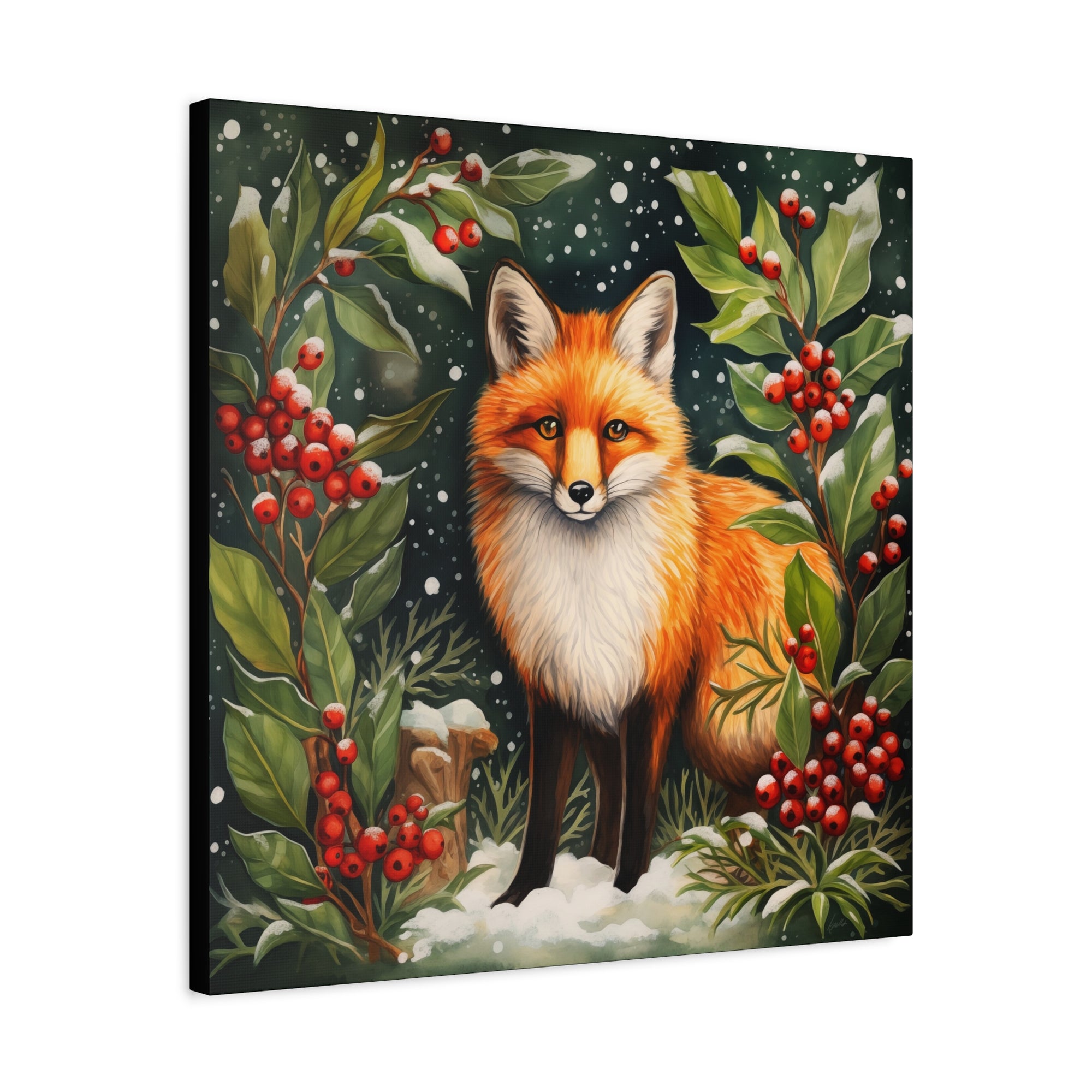 Snowy Hollies With Fox - Available in 4 Sizes - Matte Canvas