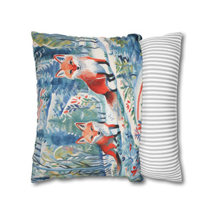 Spun Polyester Square Pillowcase - Foxes Snowy Sojourn