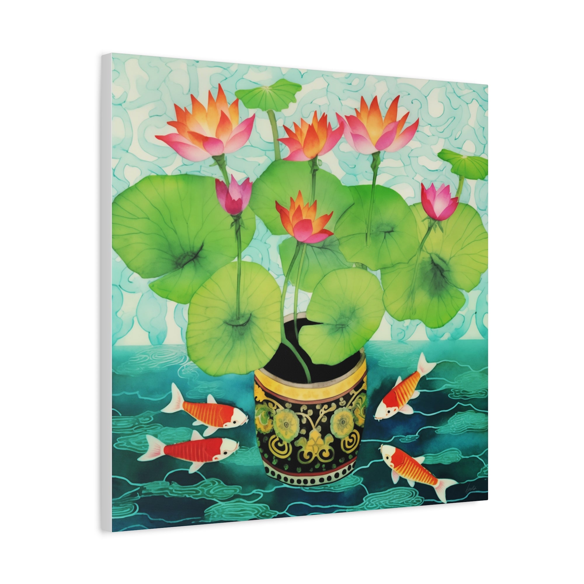 Koi With Lotus Pot - Available in 4 Sizes - Matte Canvas