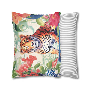 Spun Polyester Square Pillowcase -Tiger’s Garden