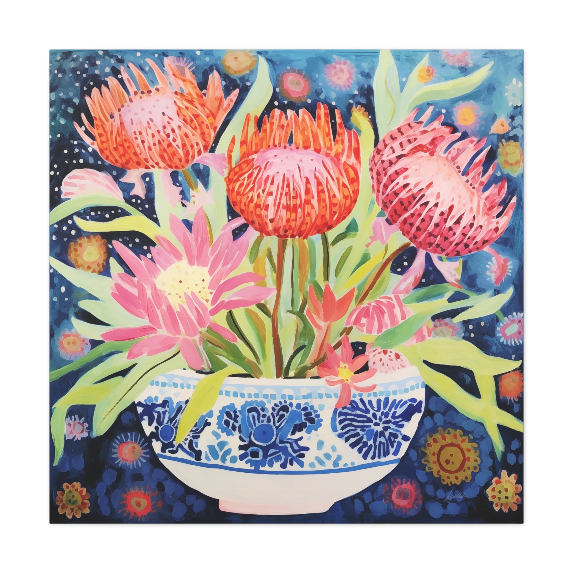 Starlit Proteas in Chinoiserie Bowl  - Available in 4 Sizes - Matte Canvas