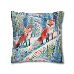 Spun Polyester Square Pillowcase - Foxes Snowy Sojourn