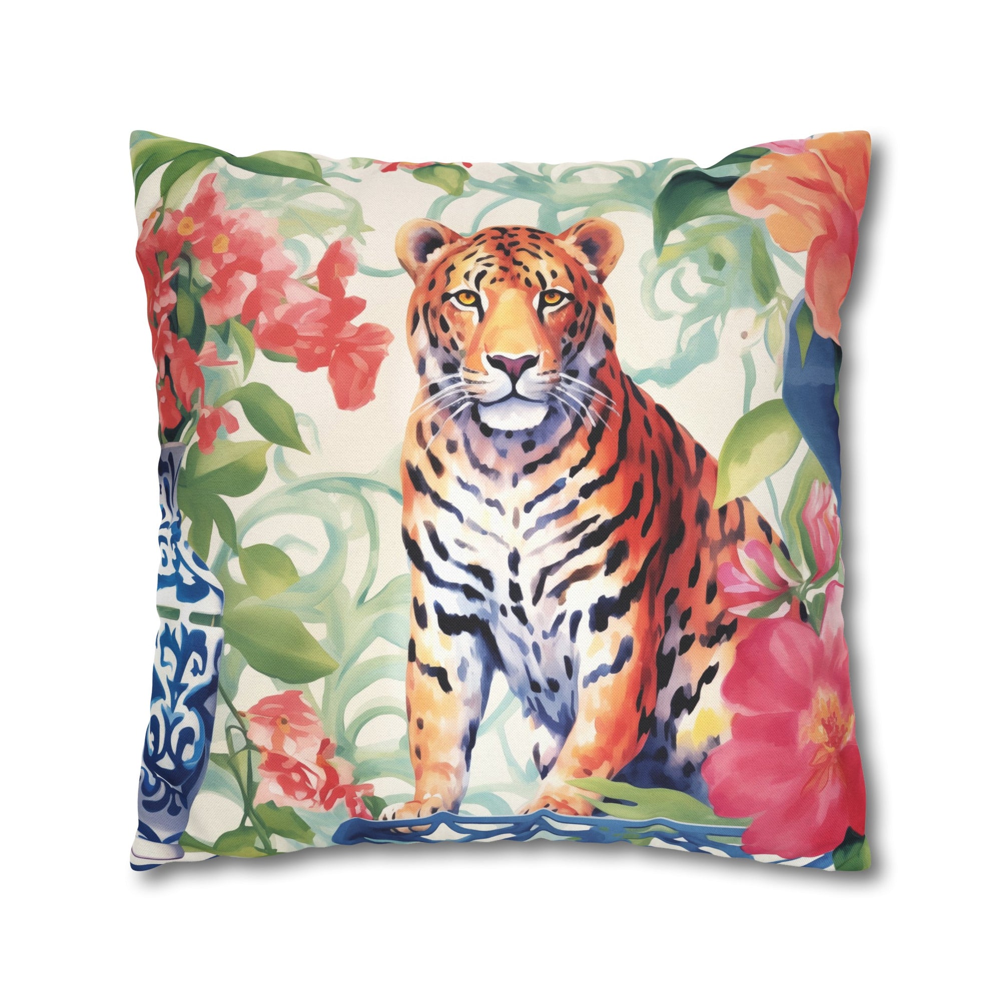 Spun Polyester Square Pillowcase -Tiger’s Garden