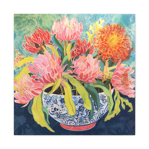 Pink Protea with Orange Spider Mums in Chinoiserie - Available in 4 Sizes - Matte Canvas