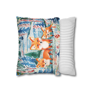 Spun Polyester Square Pillowcase - Foxes Snowy Sojourn