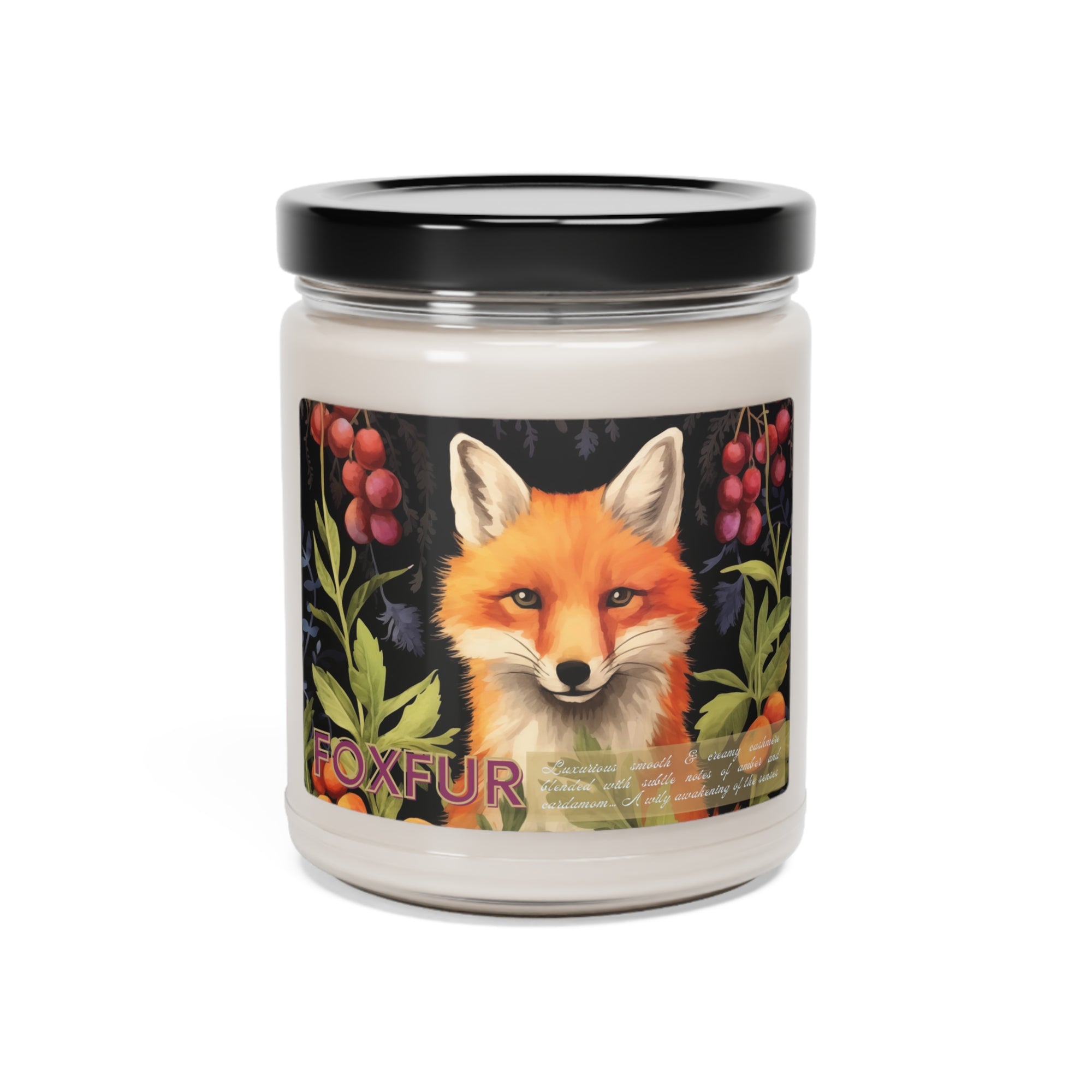 Fox Fur - Scented Soy Candle, 9oz  Luxurious smooth & creamy cashmere blended with subtle notes of amber and cardamom… A wily awakening of the senses