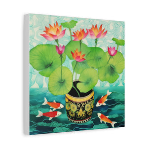 Koi With Lotus Pot - Available in 4 Sizes - Matte Canvas