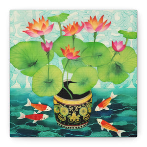 Koi With Lotus Pot - Available in 4 Sizes - Matte Canvas