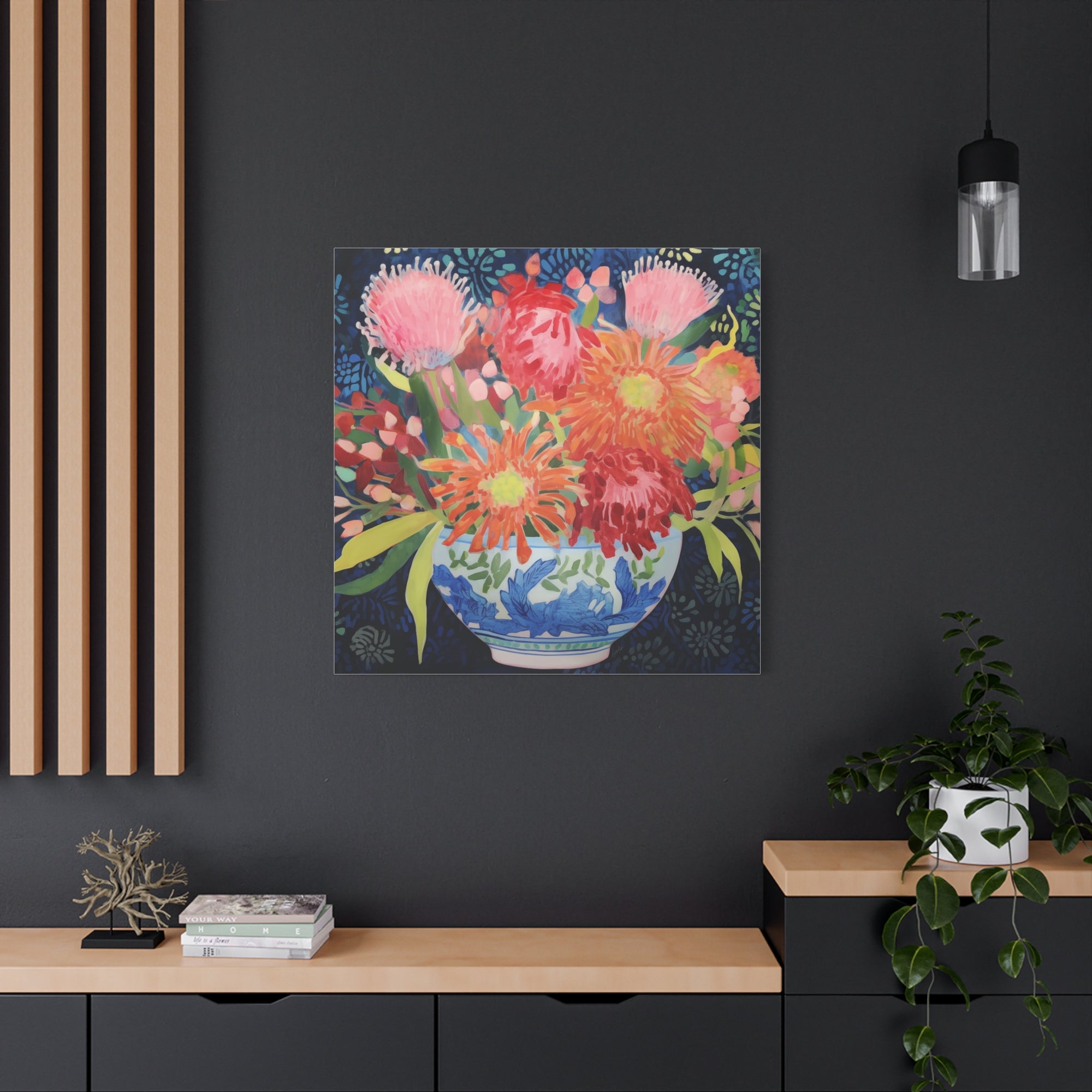 Protea, Mum, Aster in Blue and White Chinoiserie Bow - Available in 4 Sizes - Matte Canvas