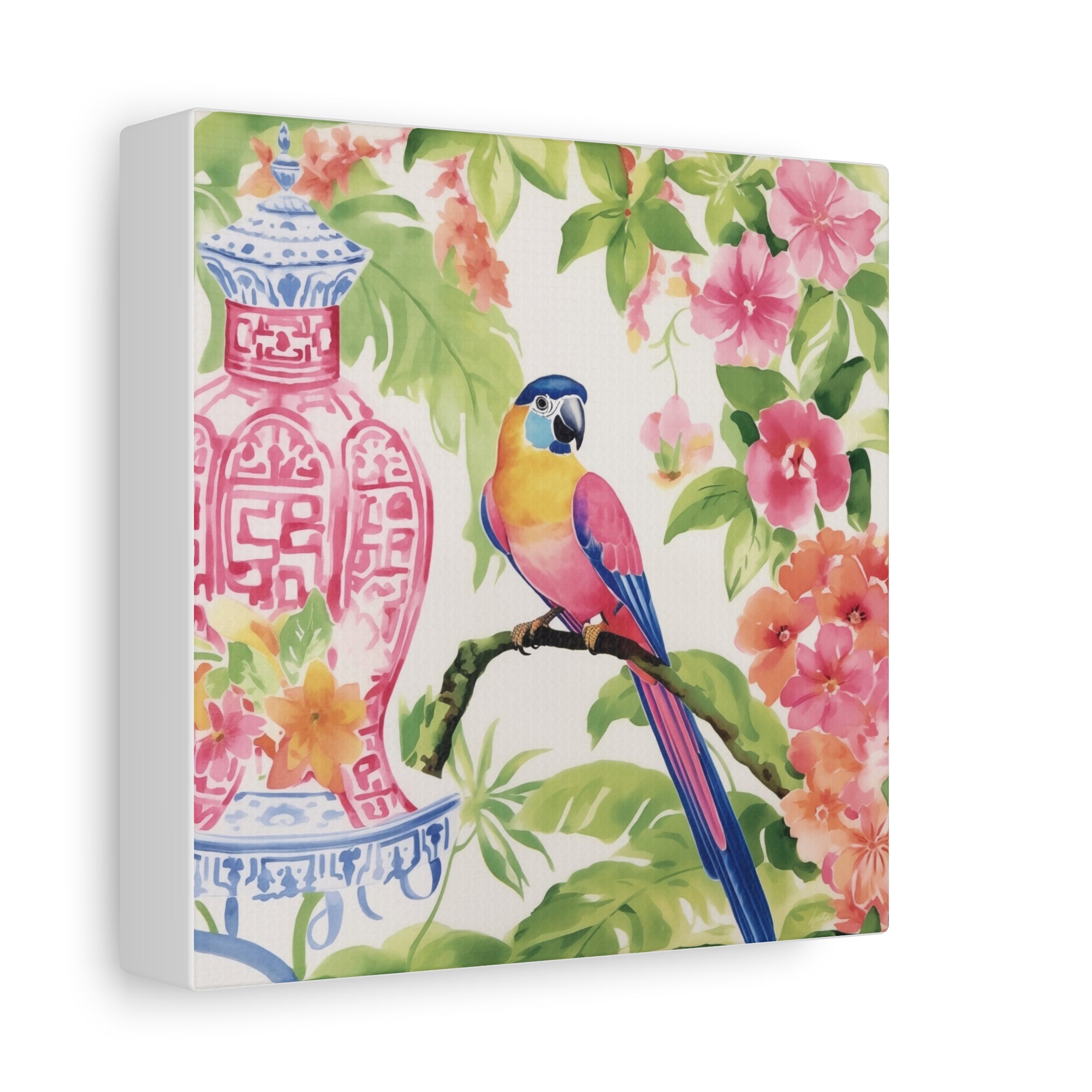 Parrot, Hibiscus and Chinoiserie - Available in 4 Sizes - Matte Canvas