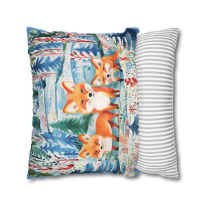 Spun Polyester Square Pillowcase - Foxes Snowy Sojourn