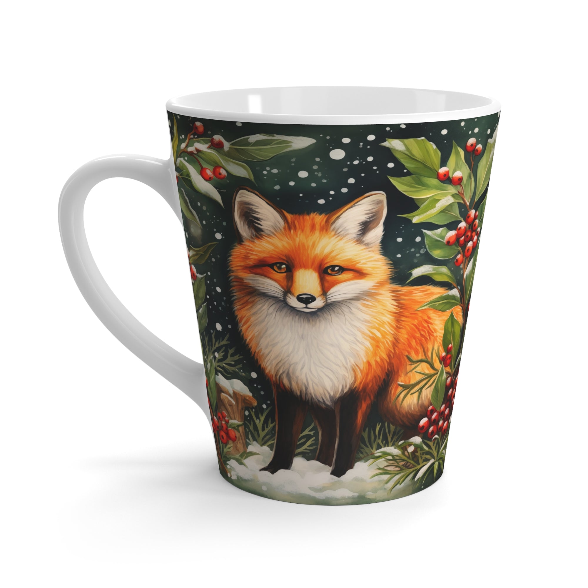 Latte Mug - Snowy Hollies With Fox