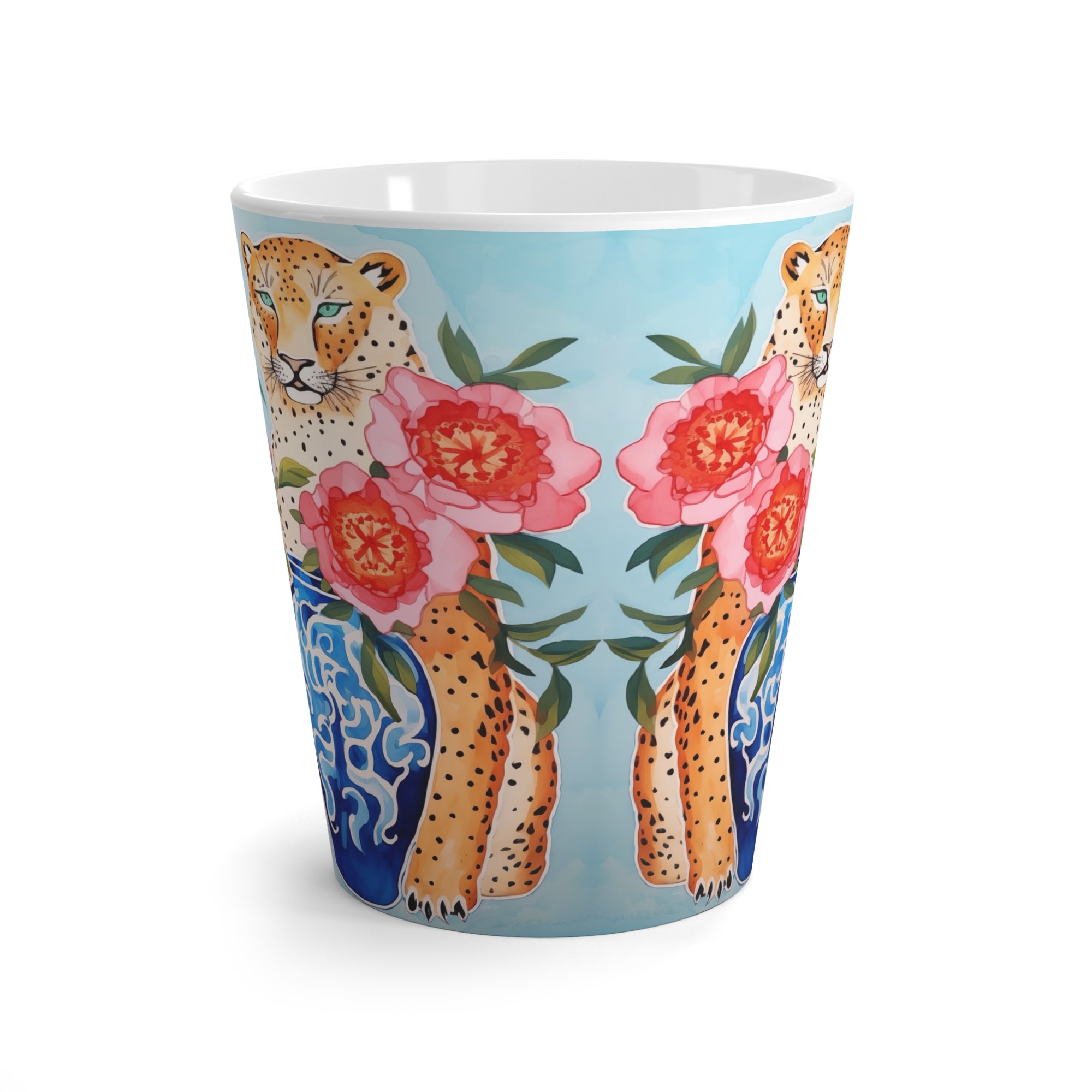 Latte Mug - Serengeti Cheetahs with Peonies and Chinoiserie Vase