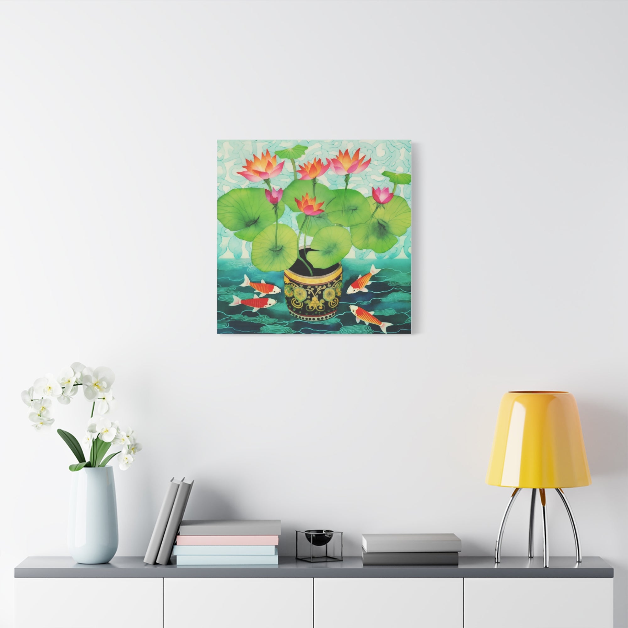 Koi With Lotus Pot - Available in 4 Sizes - Matte Canvas