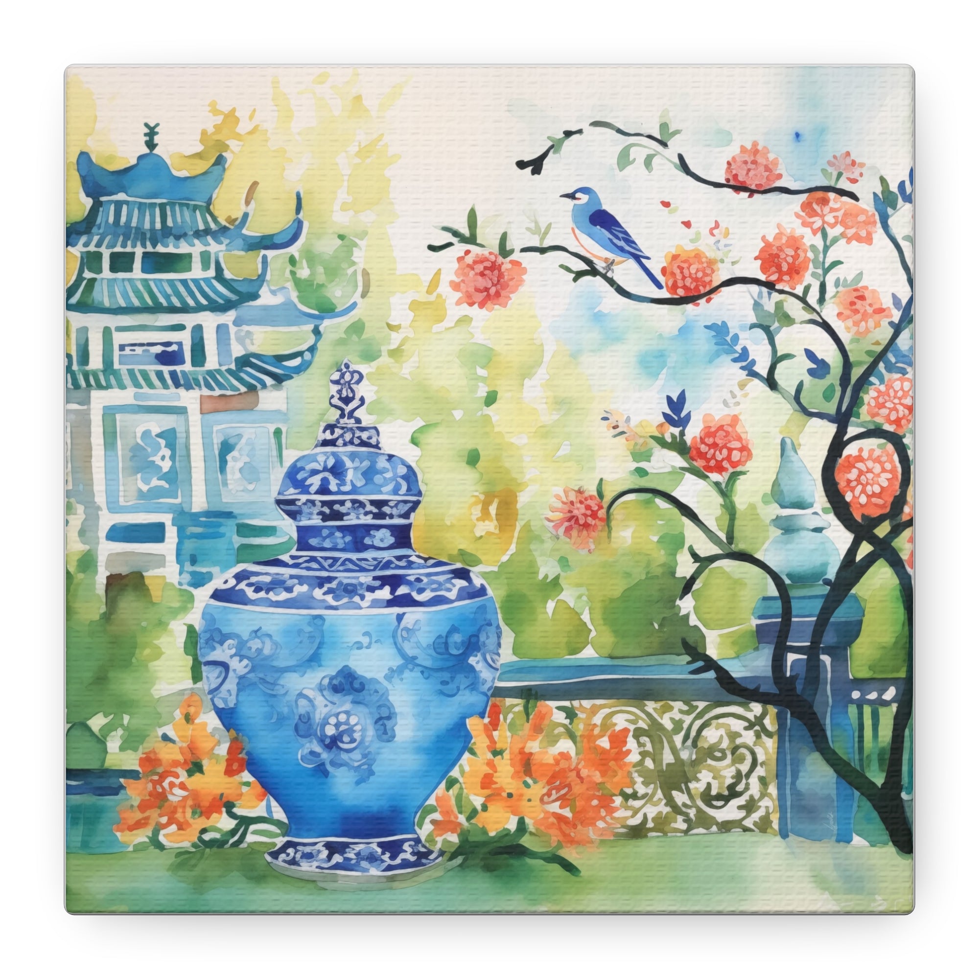 Pagoda with Blue Bird, Blossoms and Chinoiserie  - Available in 4 sizes - Matte Canvas