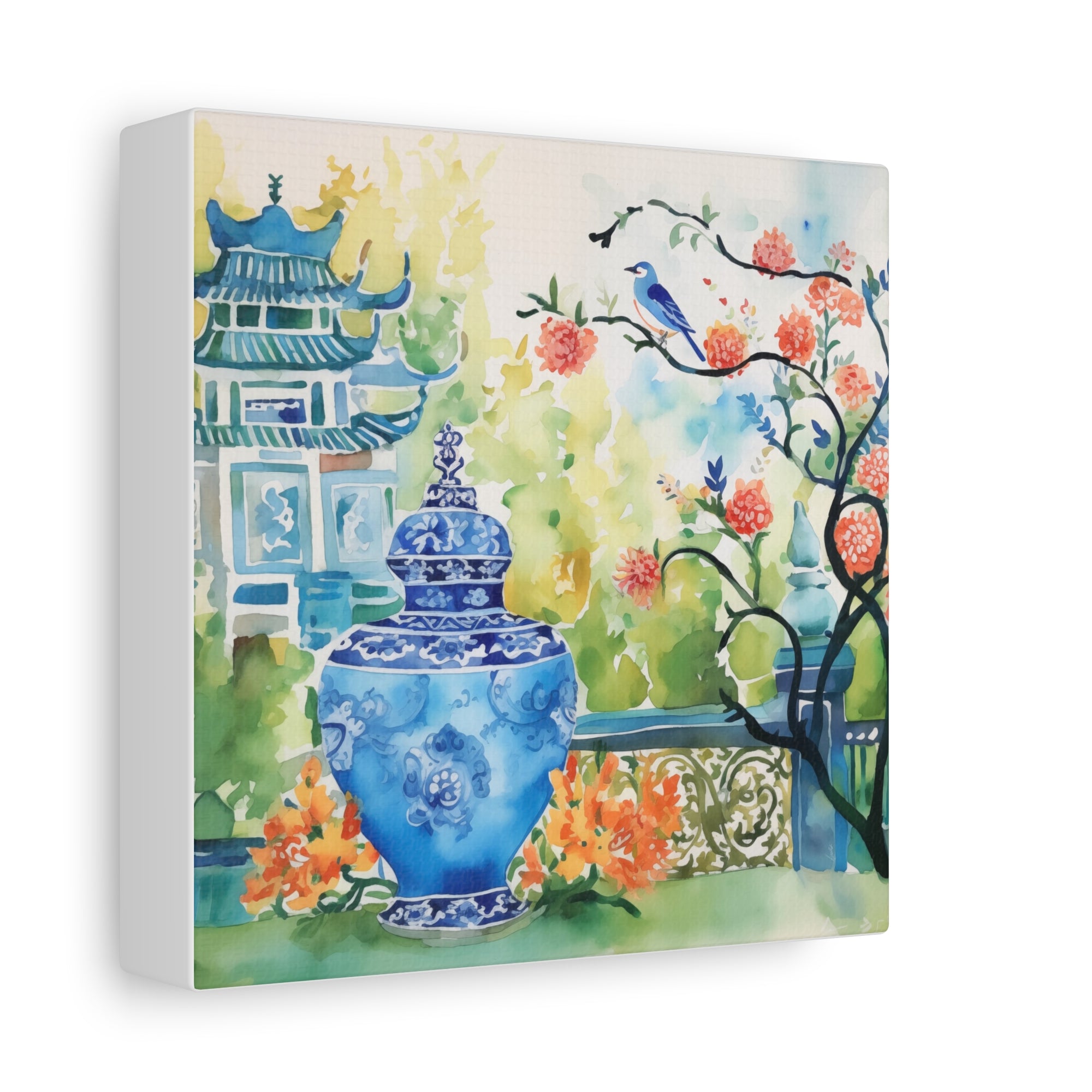 Pagoda with Blue Bird, Blossoms and Chinoiserie  - Available in 4 sizes - Matte Canvas